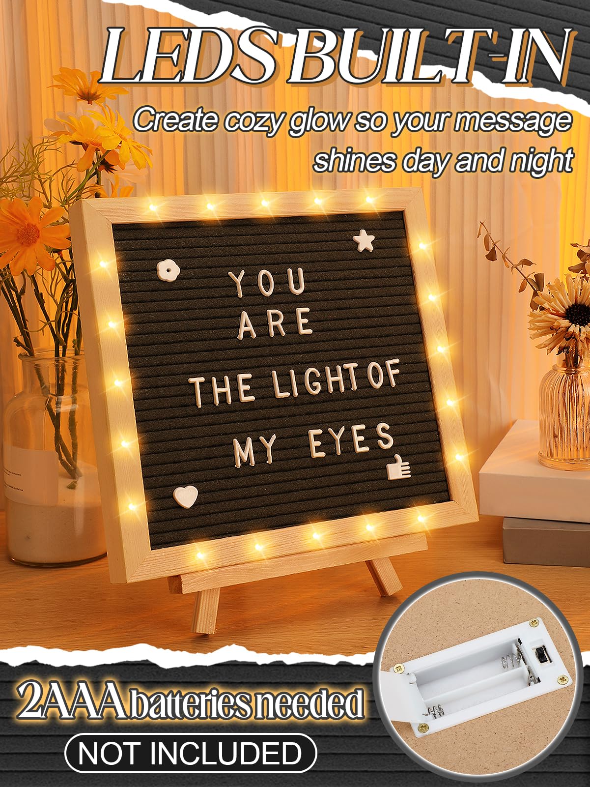 Tableau à lettres lumineux avec lumières DEL – 25,4 x 25,4 cm – Tableau à message modifiable en feutre avec cadre romantique – Lettres prédécoupées pour fête de mariage, décoration d'intérieur