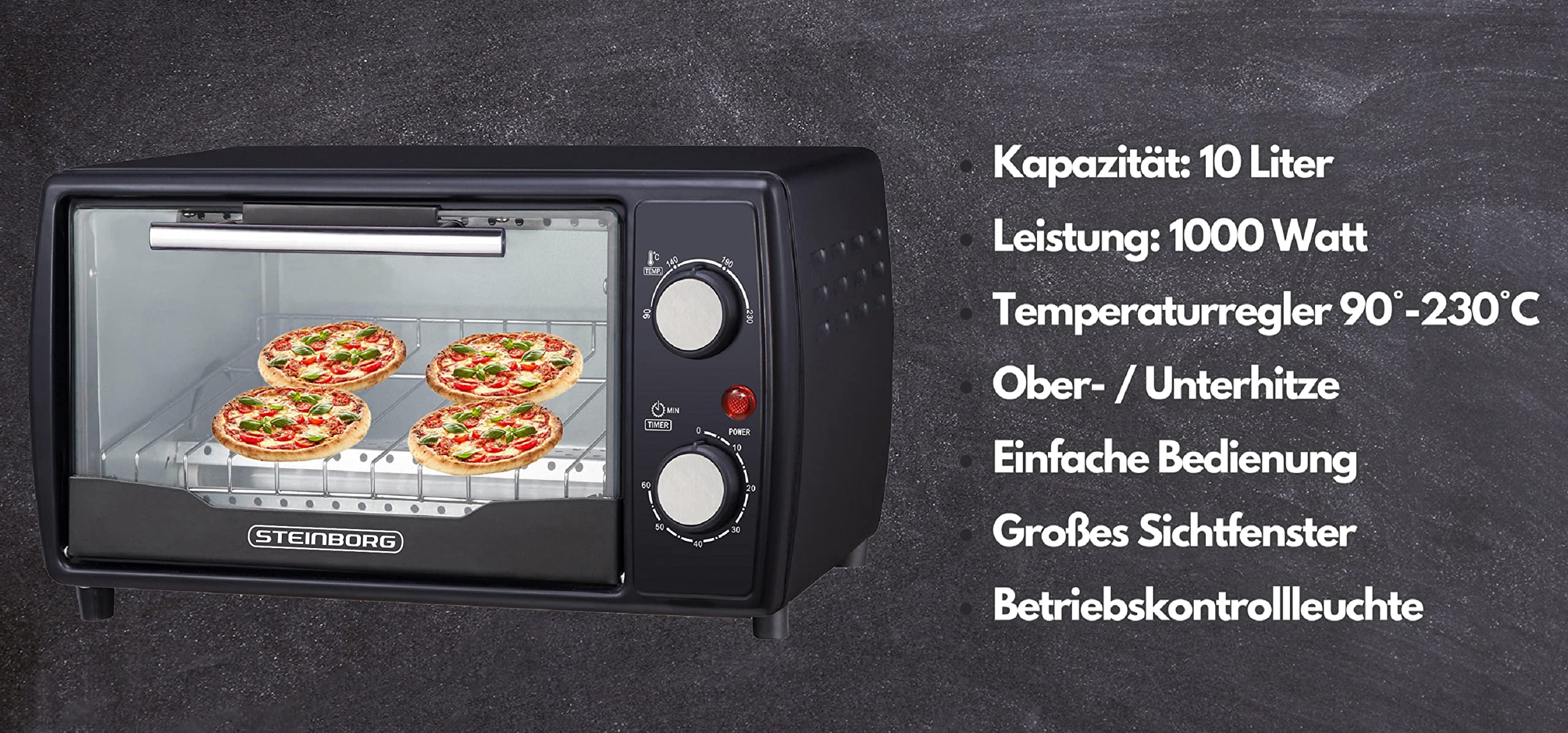 Ecosa Mini Backofen | 1000 Watt | 10 Liter | inkl. Backblech und Grillrost | Pizzaofen | 90°-230°C | 60 min. Timer | aufklappbares Krümelblech | Minibackofen | Backofen | Kleiner Backofen