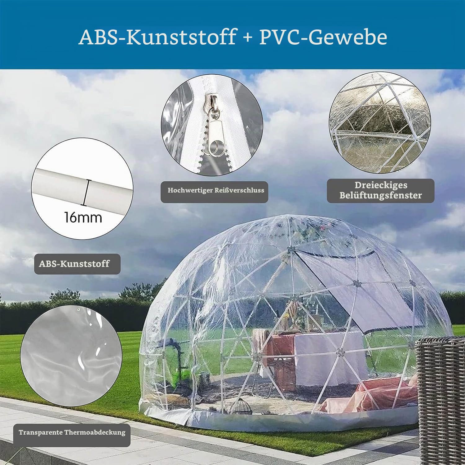 Amieron Garten-Iglu-Zelt, 3,6 m, Blasenzelt für Winter-Camping, bietet Platz für 5–7 Personen mit kostenloser 90 cm langer Lichterkette für Outdoor-Essen, Hinterhof, Camping, Sternenbeobachtung Sport & Freizeit