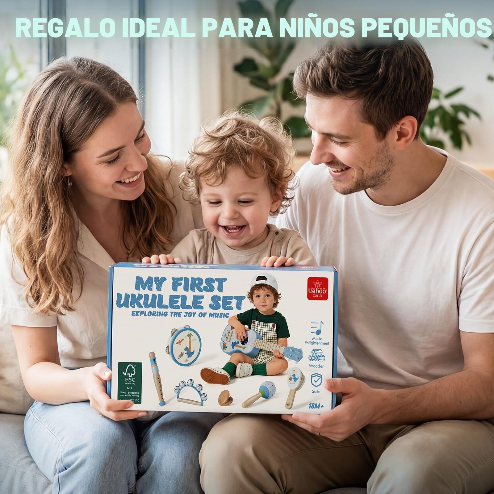 Lehoo Castle Juego de Guitarra Infantil con 7 Instrumentos usicales, Ukelele Niños de Madera con Pandereta, Flauta, Maracas y Sonajero, Educativos Juguete Musical Regalo 2 3 4 Años