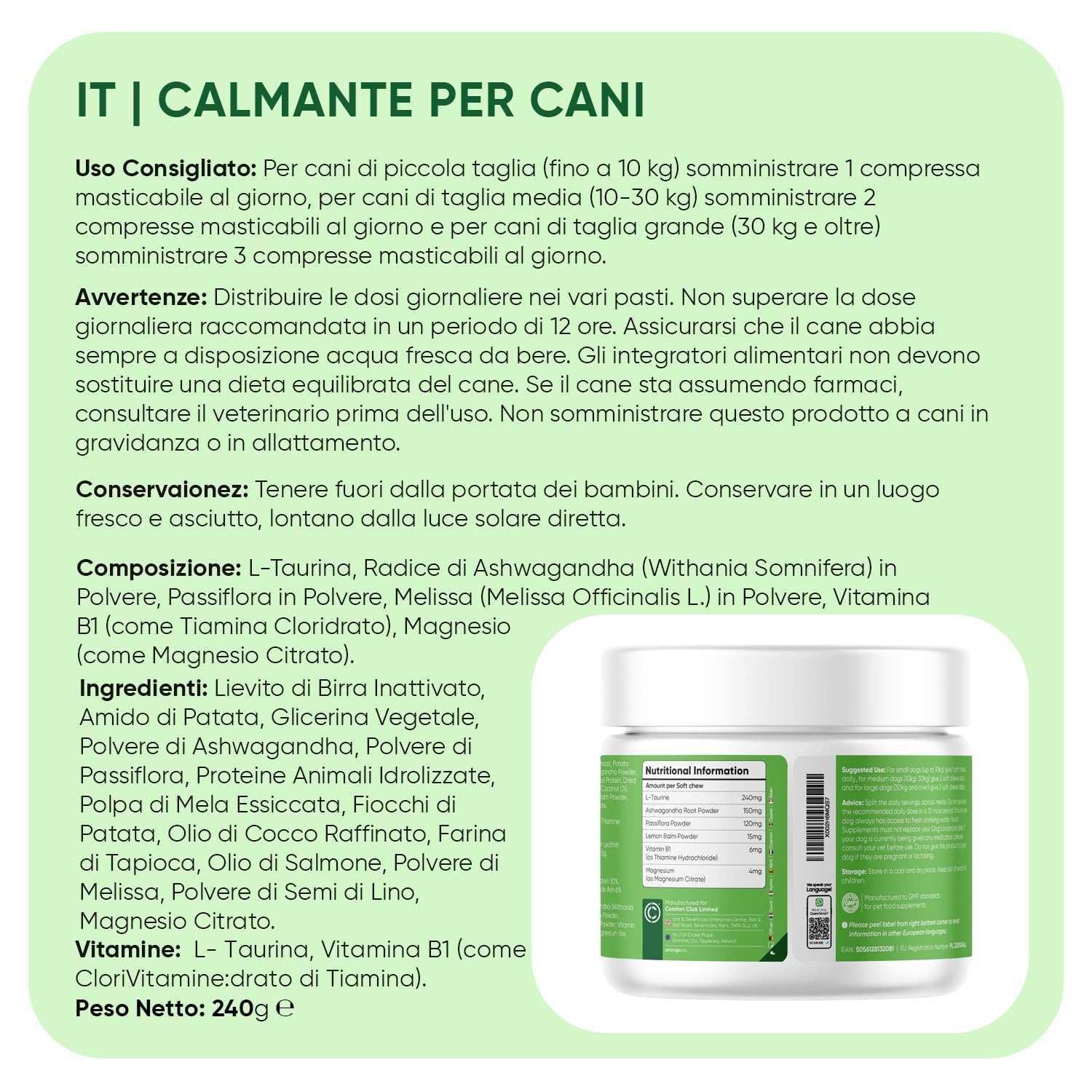 Calmante per Cani 120 Compresse Masticabili, per Fuochi d'Artificio, Temporale, Antistress Cane Agitato con Passiflora, Melissa, Ashwagandha, L-Taurina, Vitamina B1, Magnesio Citrato, Prodotto in UE
