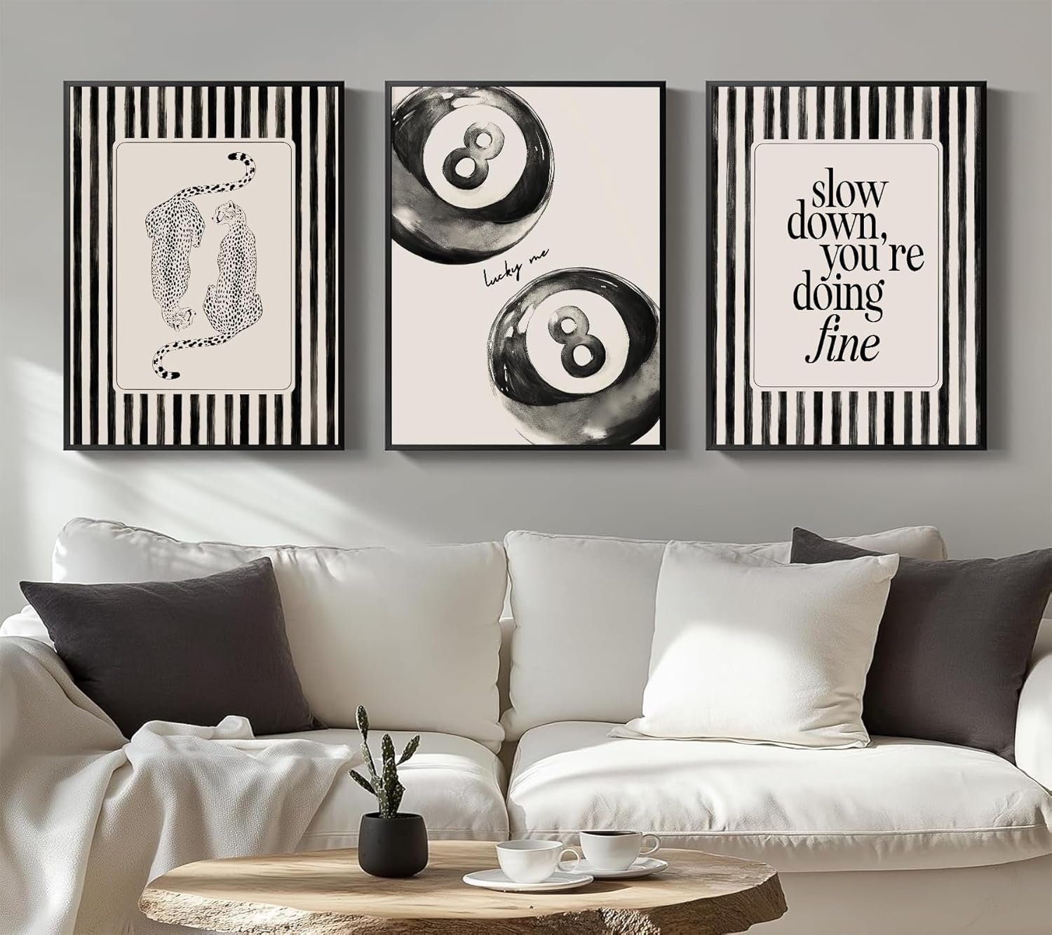 Xynvor 3Pcs Trendy Cheetah Canvas Wall Art Fashion Black Beige Stripe Posters Artwork Funky Lucky 8 Ball Painting Pictures Wall Decor for Bedroom Apartment Dorm Home Decoration 16x24in Unframed
