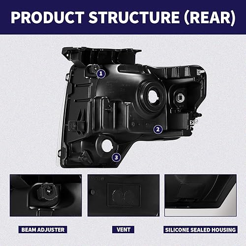 Miniatura 9 de CAPSER Conjunto de faros delanteros compatible con Ford F-150 Pickup Truck 2009-2014, lente transparente cromada, reflector ámbar, lado del