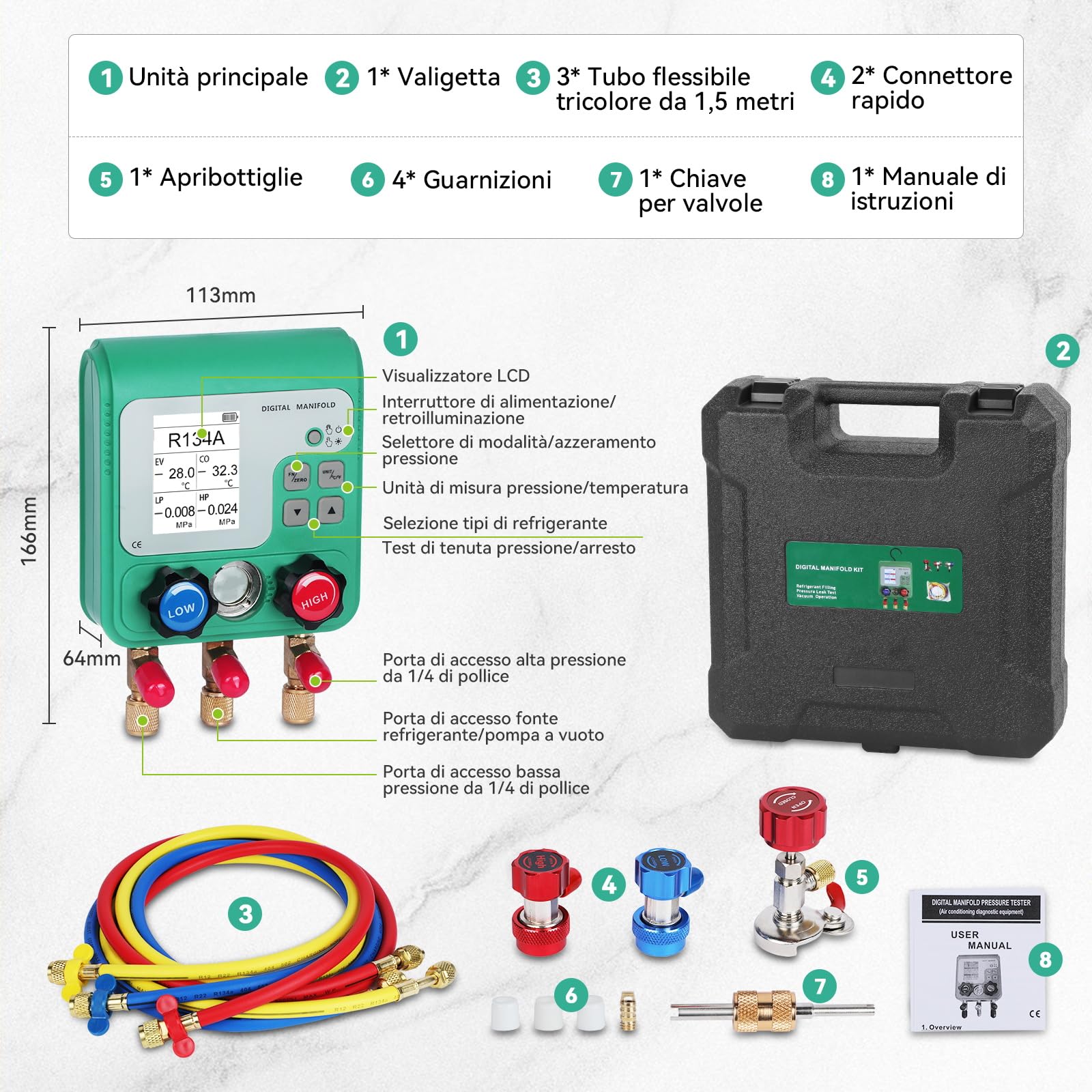 KAISAL Digitale Manometro Condizionatori Display LCD Kit Ricarica Aria Condizionata Auto Adatto alla carica di 92 refrigeranti Manifold Gauge Kit per R134A R410A R32 Refrigerante