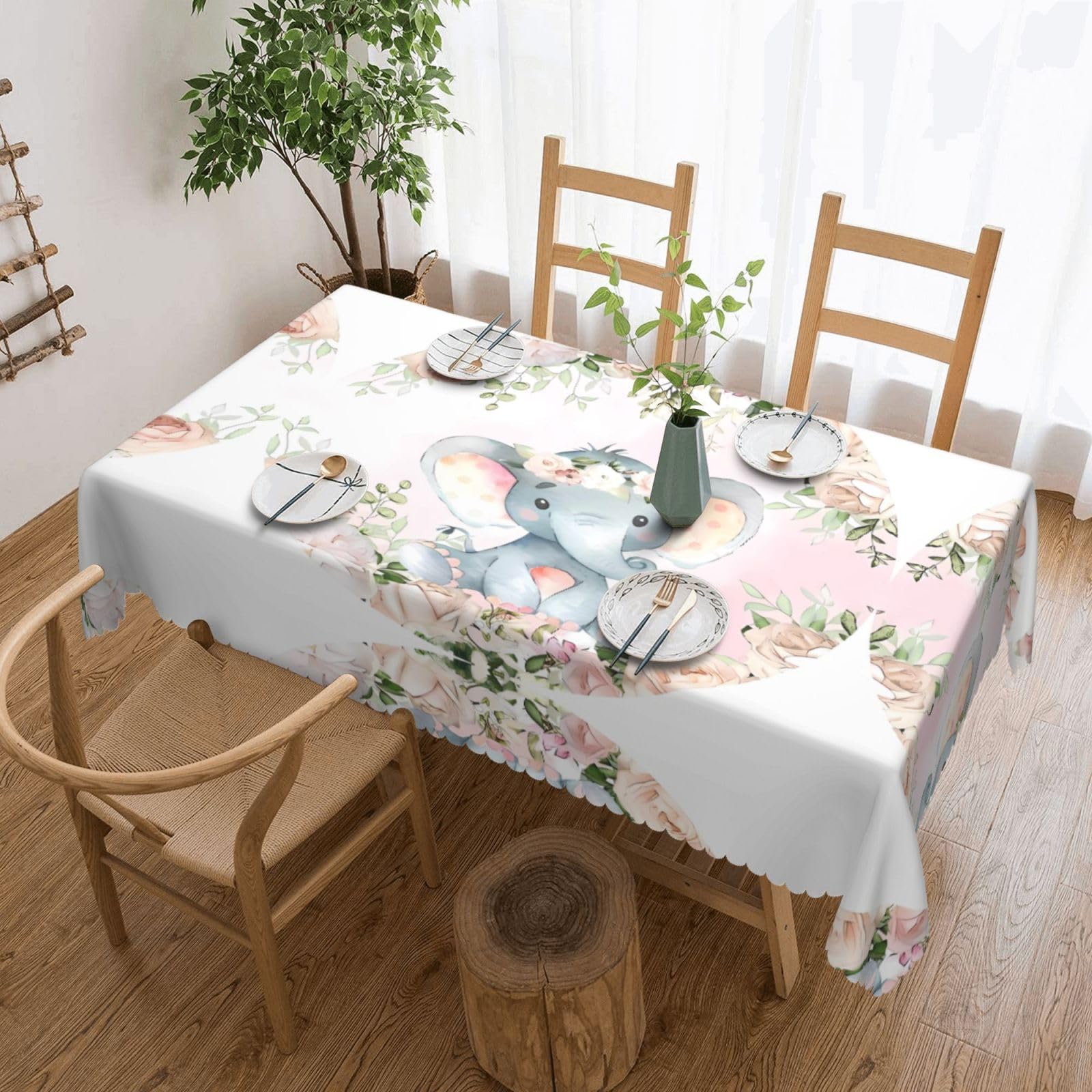 HLSBSSL Cute Elephant Patterned square lace tablecloth, wrinkle-resistant and durable, suitable for dining tables, parties, etc.
