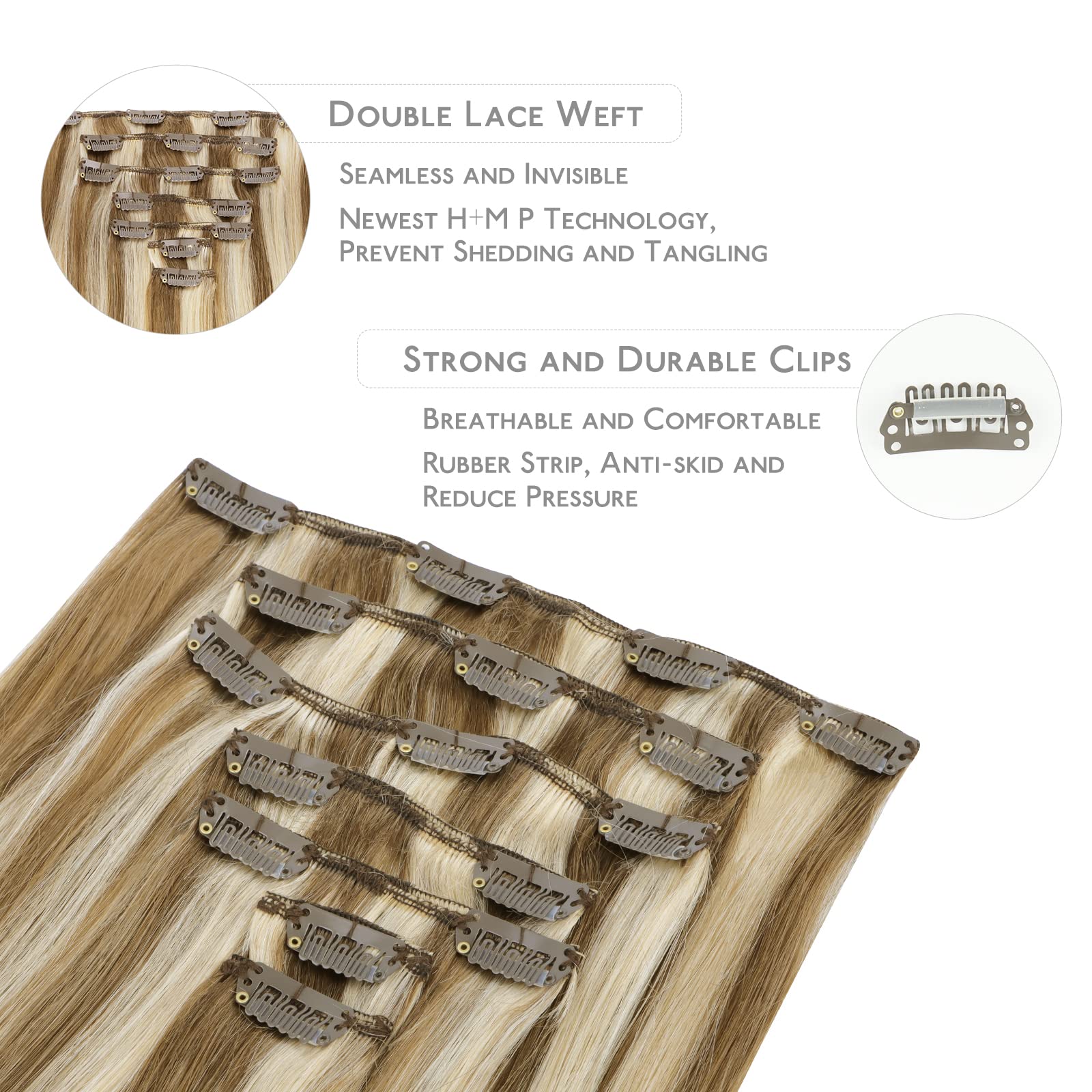 WENNALIFE Extension Capelli Veri Clip, 60cm 120g 7pcs Extension Clip Capelli Veri Castano Cenere con Riflessi Biondo Oro Remy Umani Naturali Capelli Extension con Clip