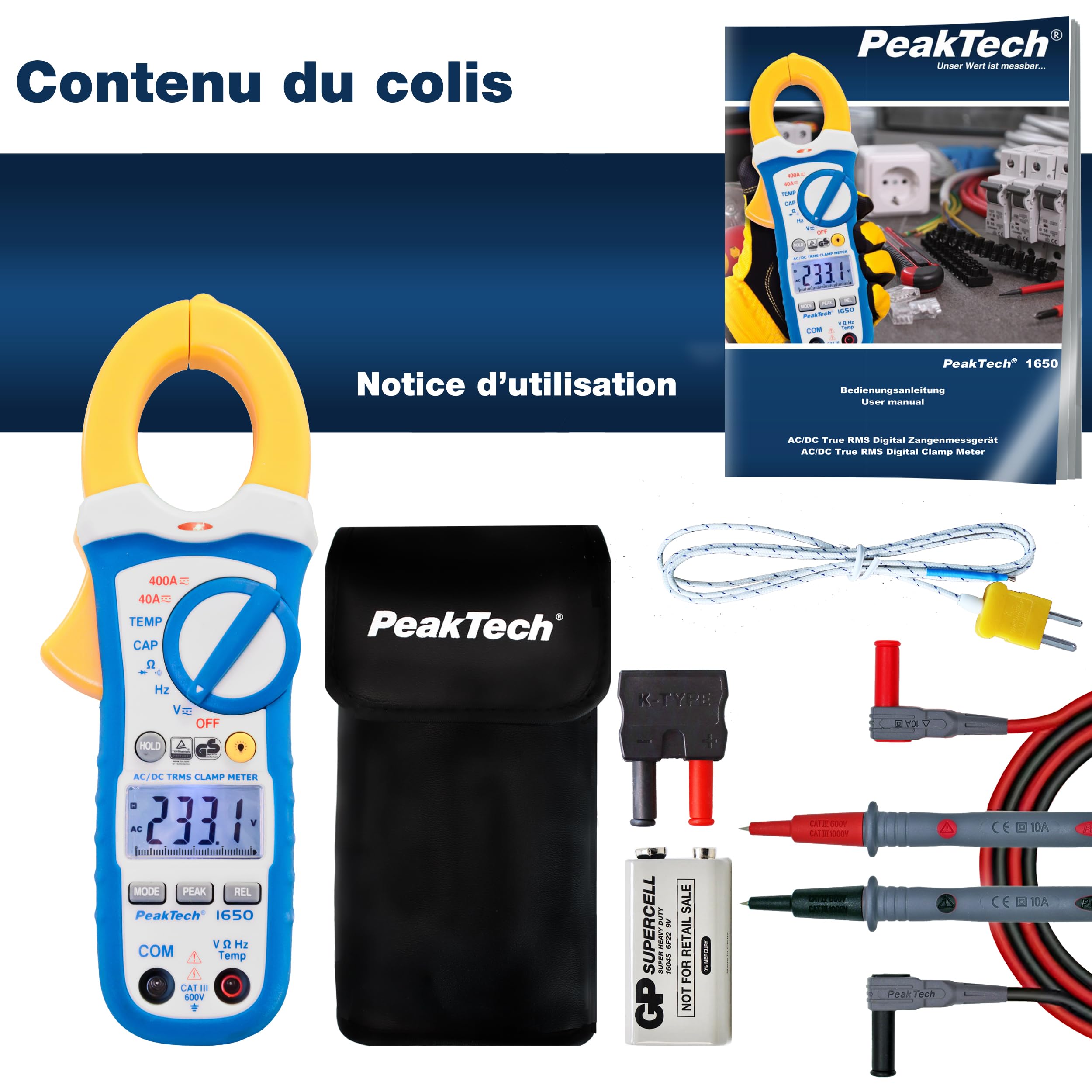 PeakTech 1650 - Pinces Ampèremétriques avec True RMS AC/DC 400A, 4000 counts, Multimètre Numérique, Voltmètre sans Contact, Ampèremètre, Testeur de Continuité - Max. 600 V