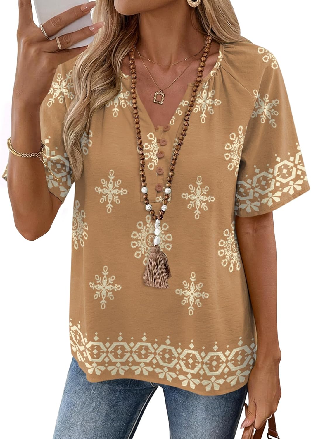 Rapbin Womens Summer Boho Tops Casual Short Sleeve Blouses Button Down Shirts 2026 Beach Vacation Clothes