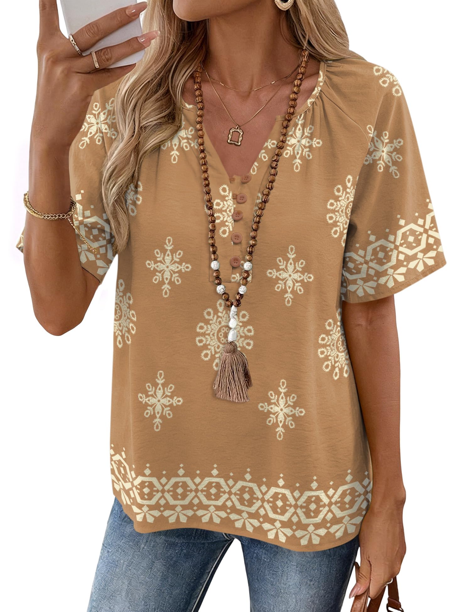 Rapbin Womens Summer Boho Tops Casual Short Sleeve Blouses Button Down Shirts 2026 Beach Vacation Clothes — view 12