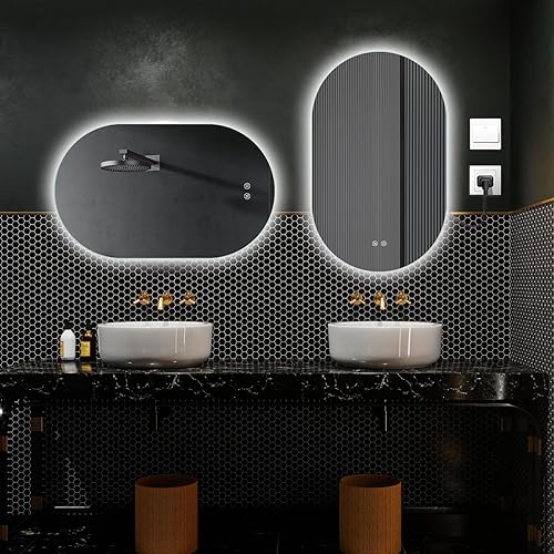 Miniatura 6 de Espejo de tocador de baño LED ovalado, 33 x 20 pulgadas, espejo iluminado sin marco, espejo inteligente antivaho impermeable con función de memoria,