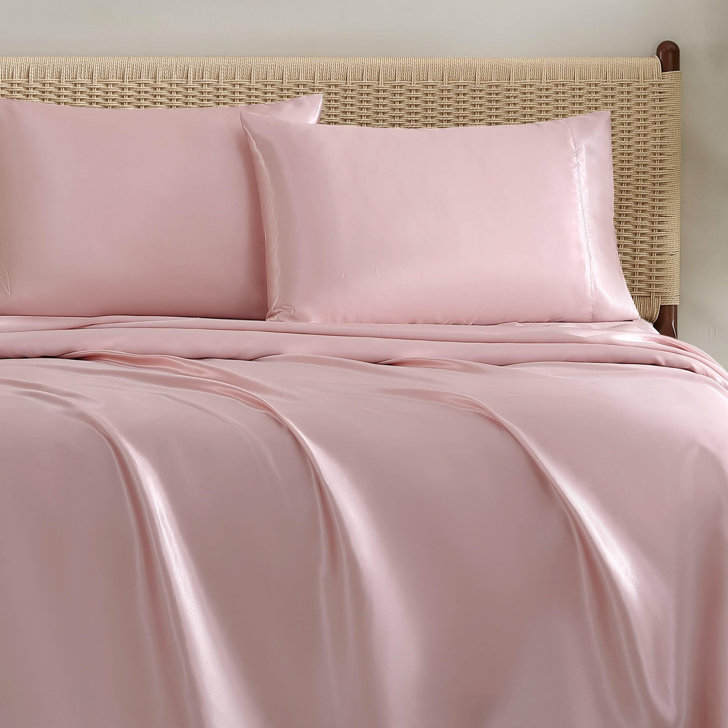 Parure de lit 3 pièces en satin Jessica Simpson drap housse et taie d'oreiller rose