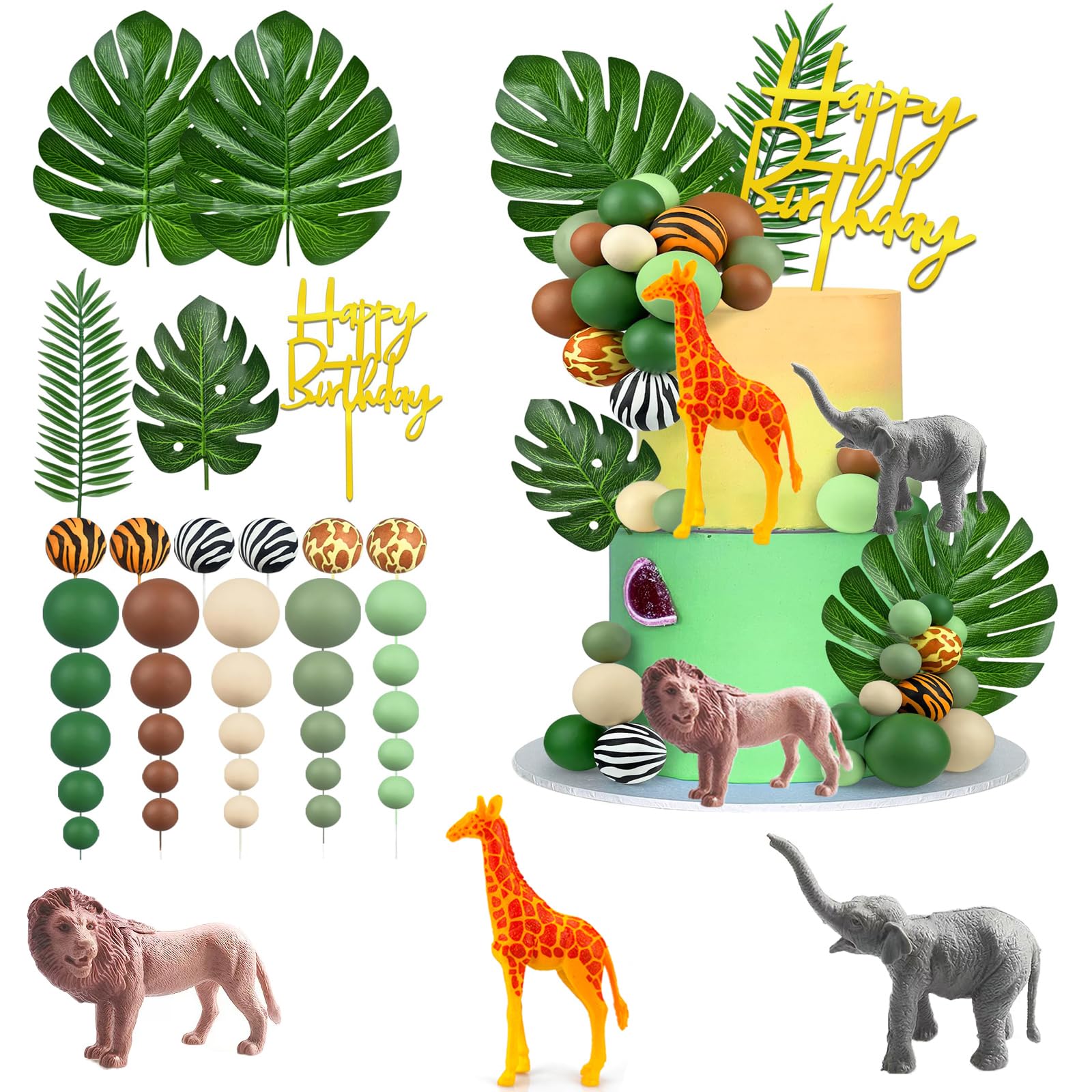 40PCS Safari Animal Cake Topper Set, Wild One Jungle Cake Decorations