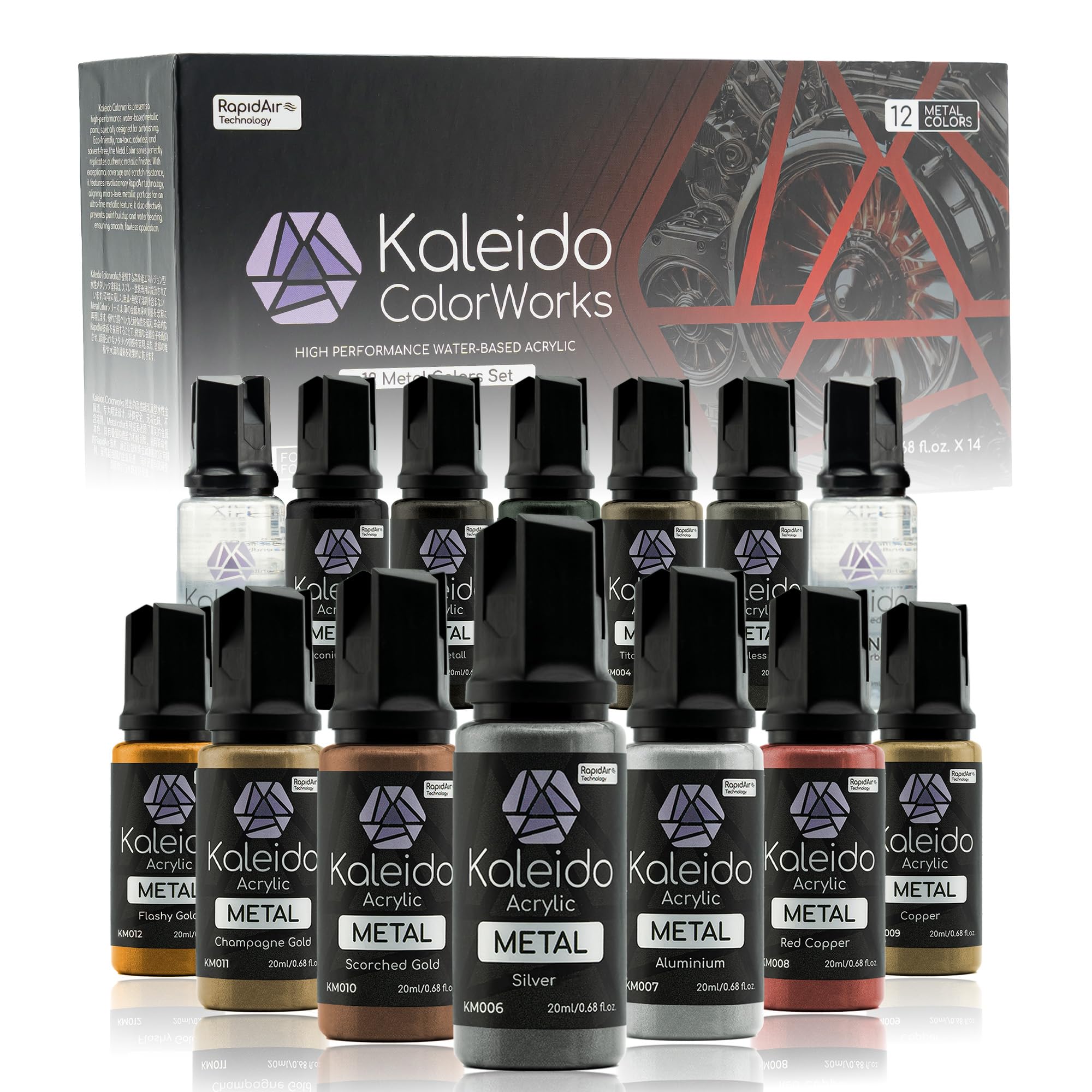 Gaahleri Kaleido Metal 12-Color Set – Water-Based Acrylic, Metallic Airbrush Paint Kit for Car Models, Gundam,Gunpla,Mecha,Pre-Thinned, High Gloss, Fast-Drying, with Thinner & Cleaner