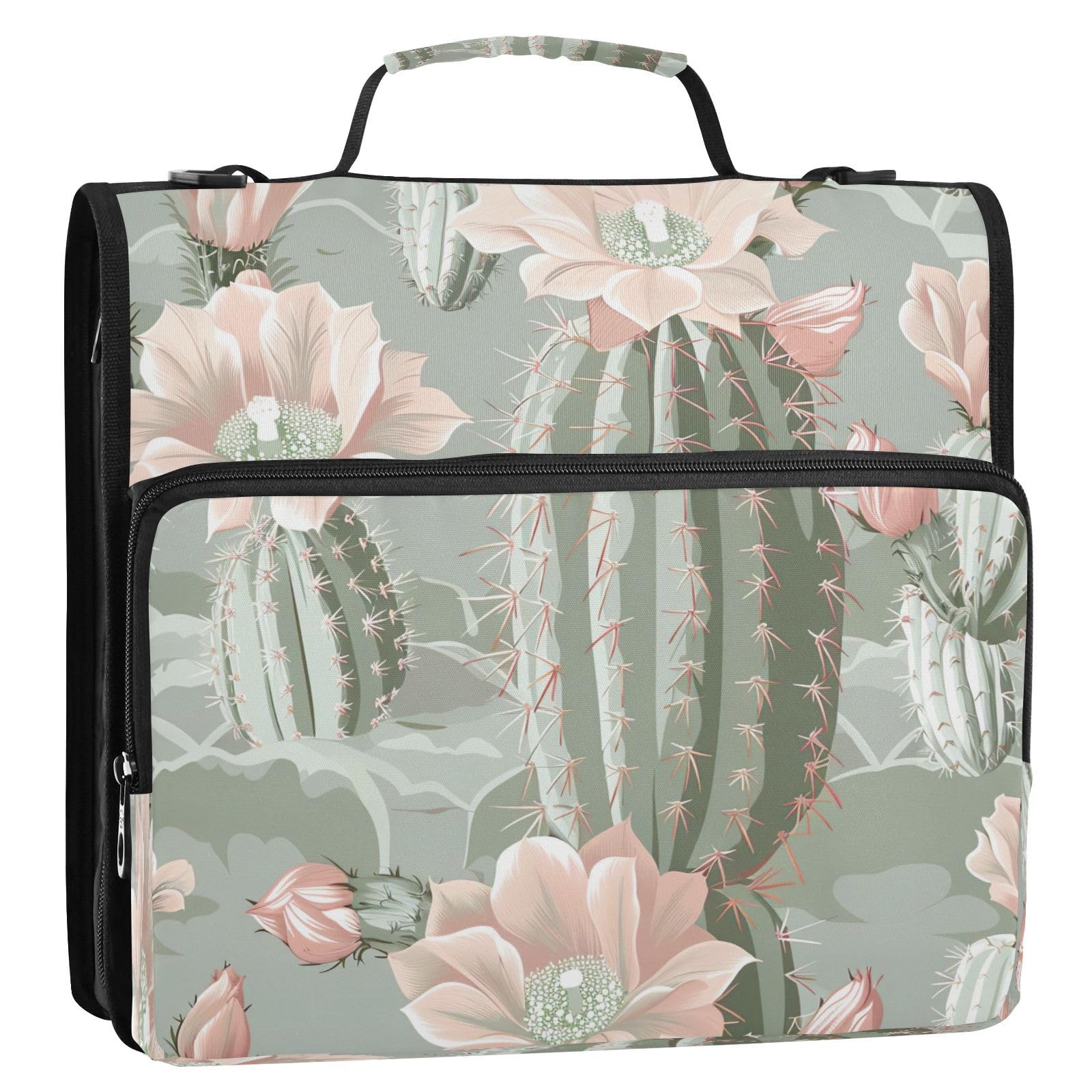 Wassud Cactus Flower Zipper Binder 3 Ring with Shoulder Strap and Handle Multiple Pockets Expanding File Folder Organizer