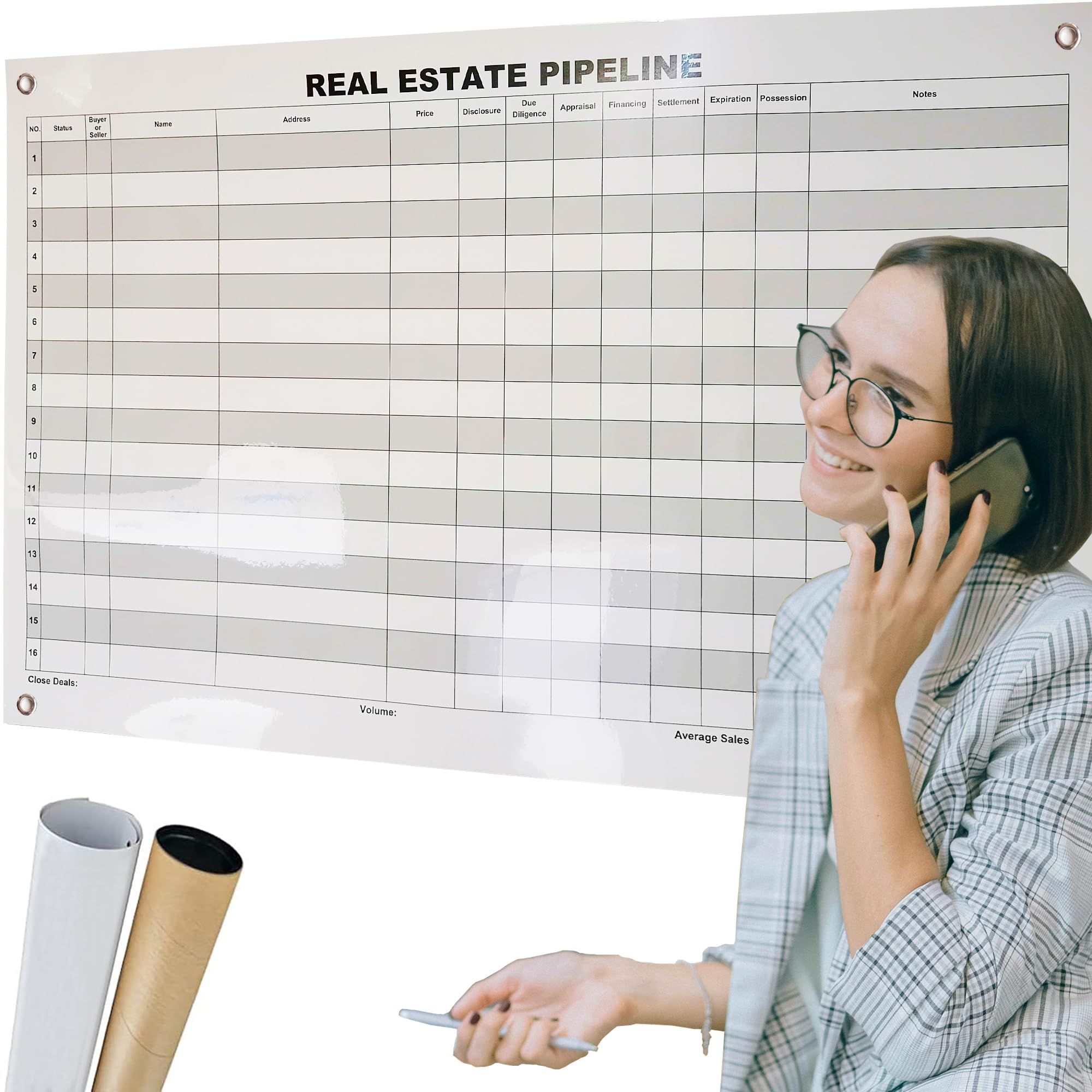 24" X 36" Real Estate Pipeline Dry Erase Board for Wall,Visual Realtor Transaction Tracking Whiteboard,Erasable Sales Status Board for Real Estate Agent,Laminated Reusable Realty Tracker Paper Poster