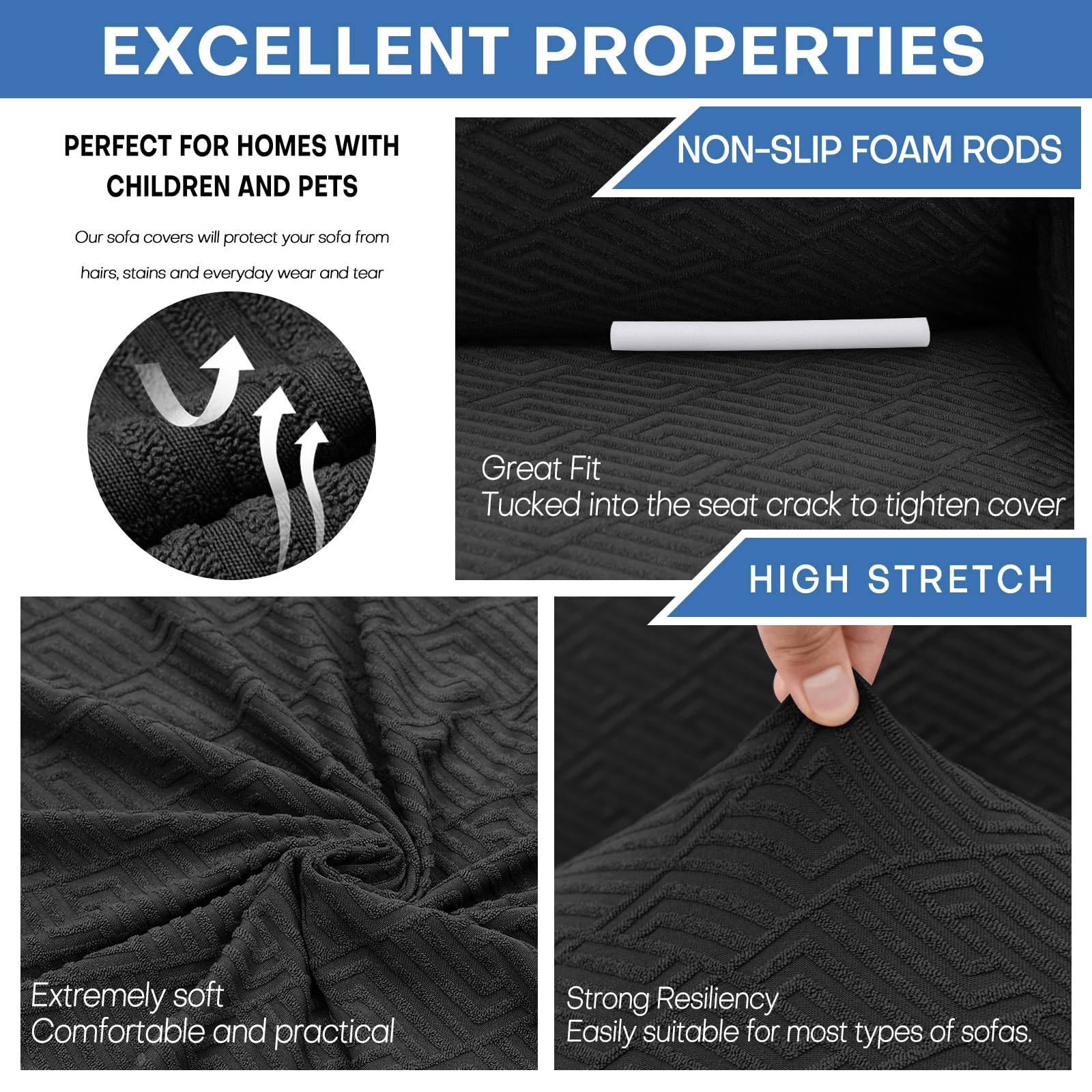 XINEAGE Copridivano 3 Posti Elasticizzato, Fodere Copridivano con Braccioli per Il Soggiorno, 1 Pezzo Copridivani Universale, Copri Divani Antiscivolo per Cani, Animali Domestici, Nero