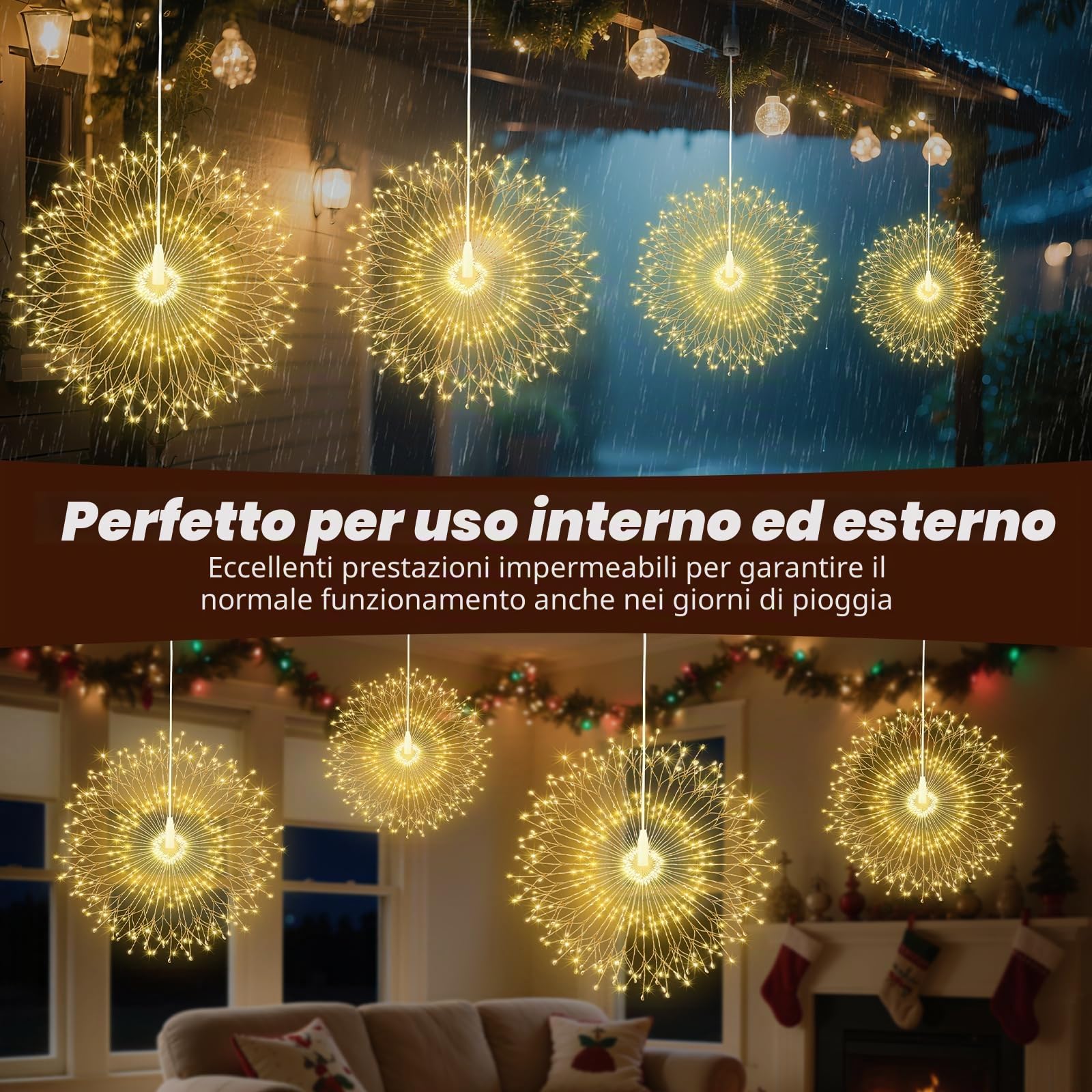 Lewondr Luci Fuochi D'Artificio Natalizi, 4PCS 210 LED Luci Appendibili Fate Con Telecomando, 8 Modalità, Luci A Stringa Stelle Impermeabili Per Interni Esterni Decorazione, Bianco Caldo