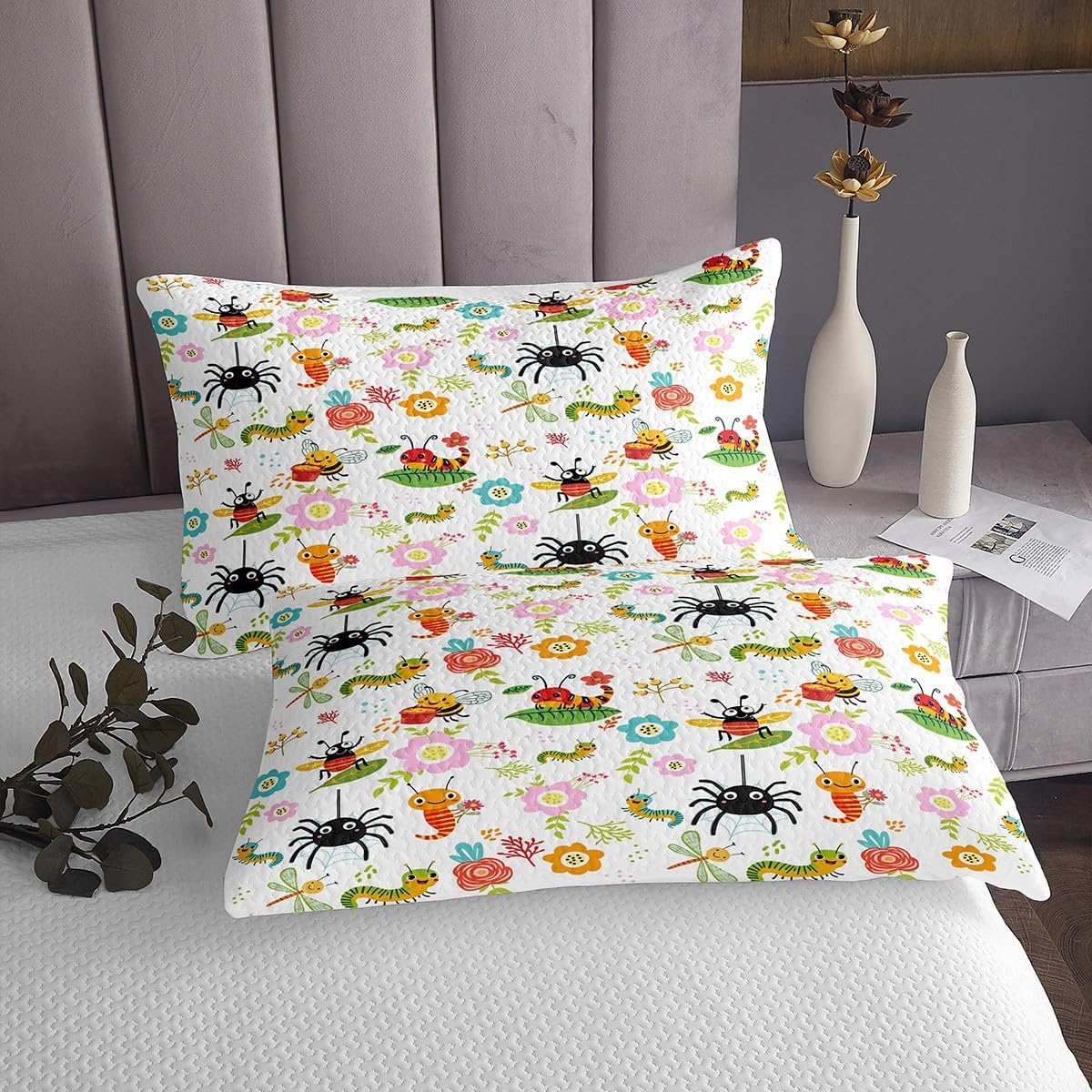 Homewish Cartoon Insects Bedspread Twin Size,Cute Bee Bug Spider Bedding Sets 2Pcs for Kids Girls Boys Room Decor,Colorful Flower Leaves Comforter Set Wild Animal Plant Quilt Coverlet,1 Pillowcase