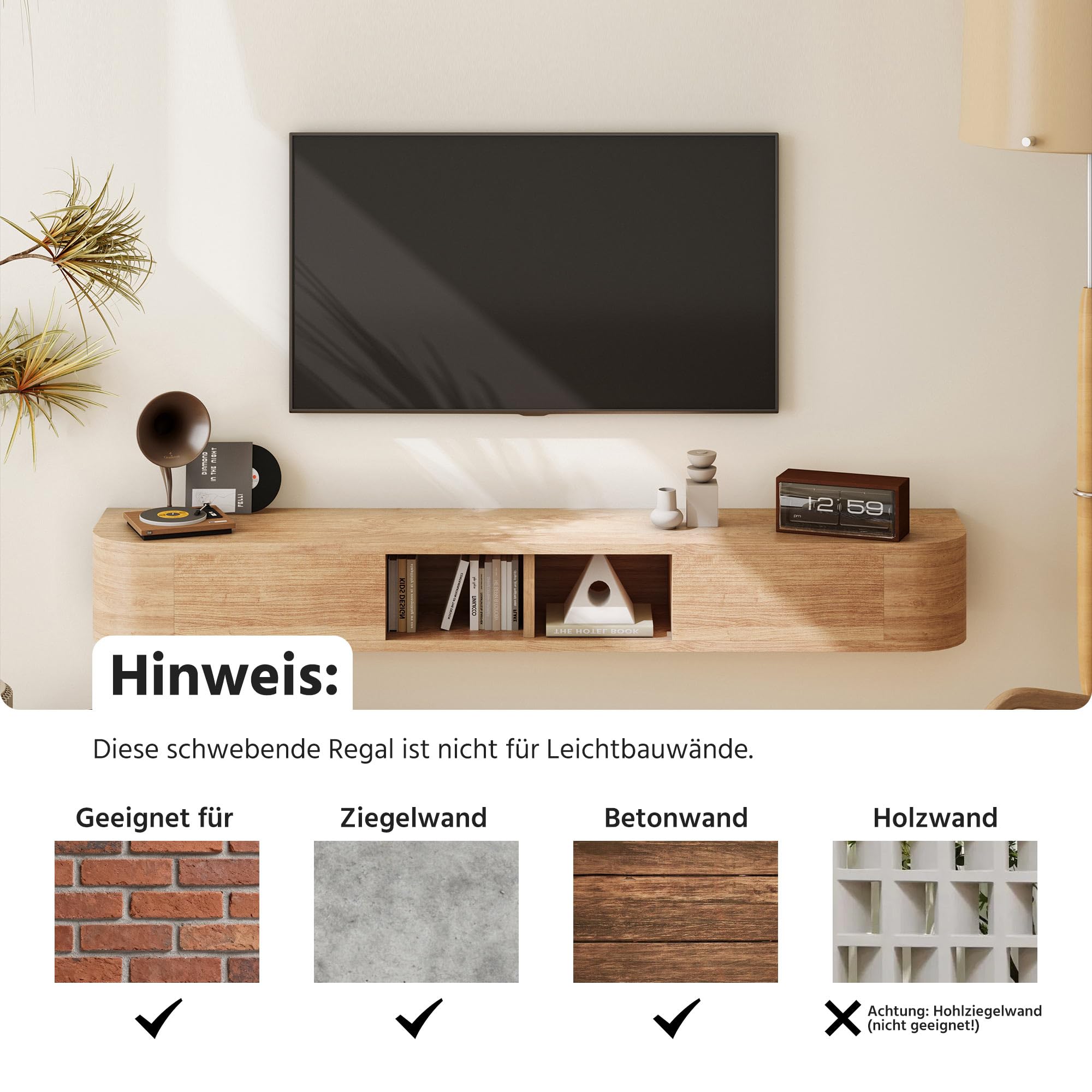 Schwebendes TV-Regal, 160 cm Wandmontiertes TV-Board mit Stauraum & Abgerundeten Ecken, Hängendes Medienboard mit Türen für Schlafzimmer und Wohnzimmer (Naturholzfarbe)
