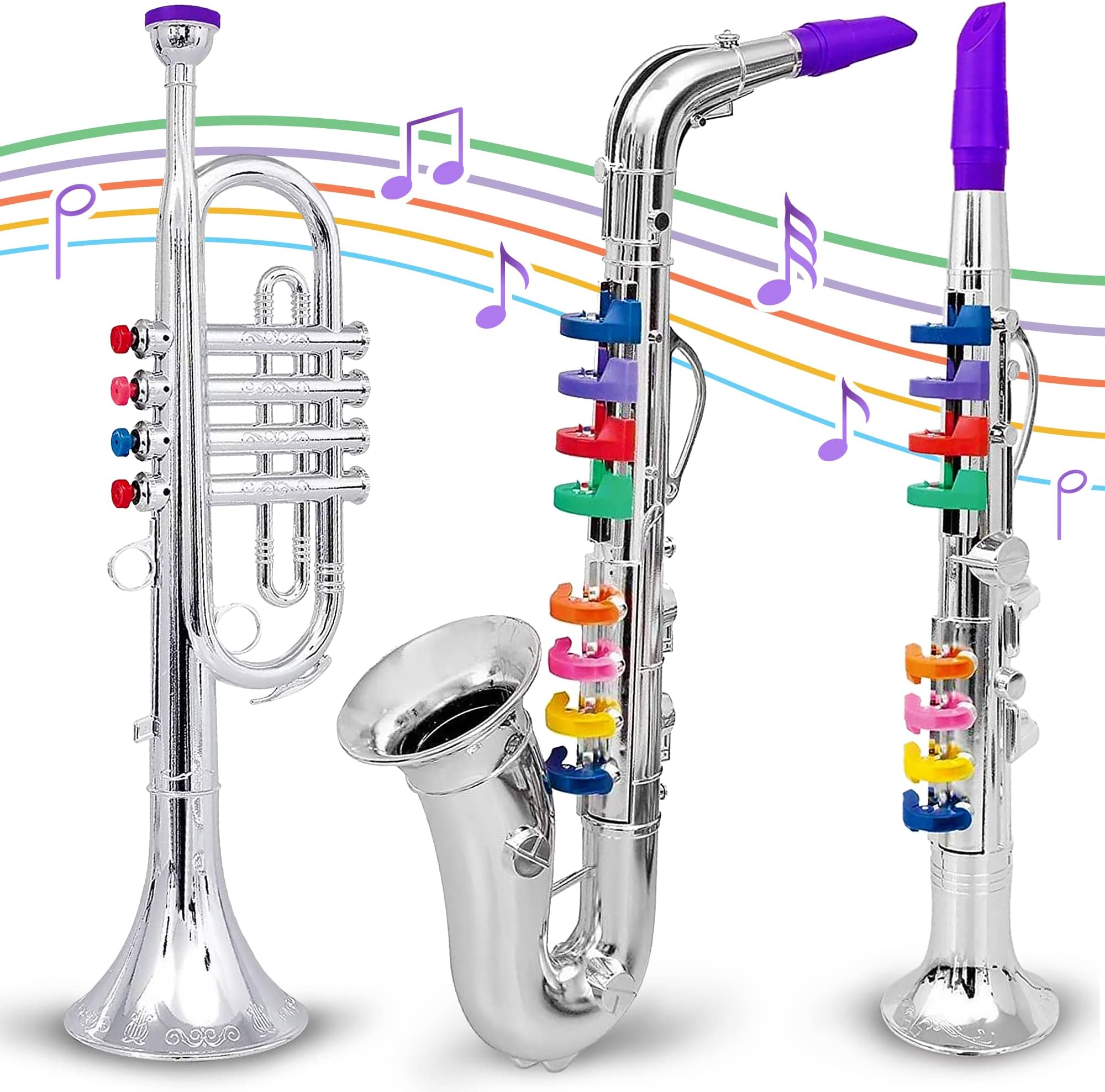 Set of 3 Music 1. Clarinet 2. Saxophone 3. Trumpet, Combo with over 10 Color Coded Teaching Songs Made in Italy.