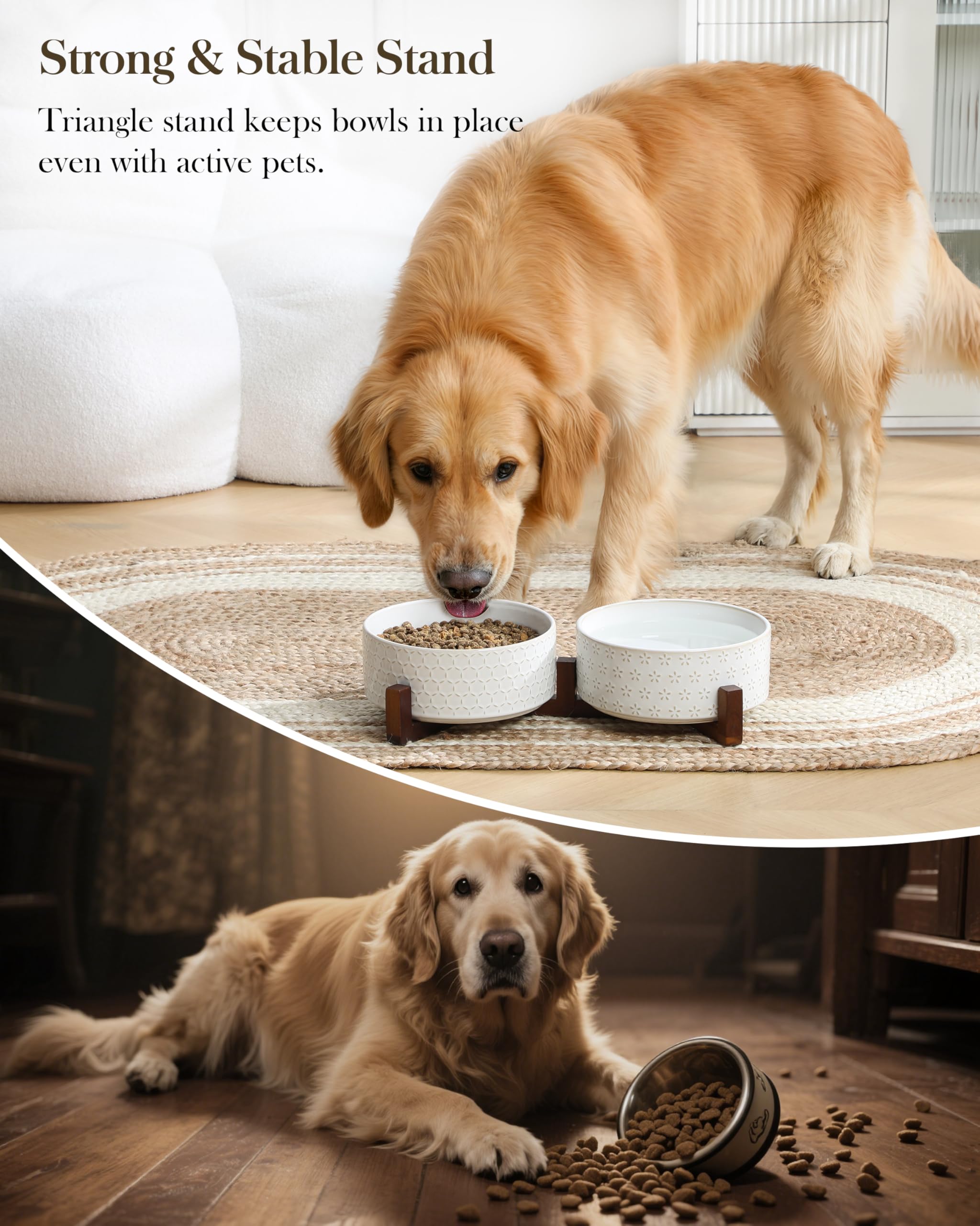 MALACASA Juego de cuencos para perros con soporte de madera de nogal, 6 tazas de cerámica para cachorros, cuencos dobles para alimentos y agua con base antideslizante, cuencos básicos para tu perro