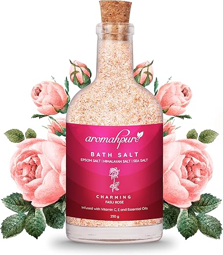 Aromahpure 100% Natural Bath Salt with Essential Oils (Mix of Epsom Salt, Himalayan Salt, and Sea Salt, Vitamin C & E) for Body & Foot Spa, Relaxing Aromatherapy – Charming Rose…