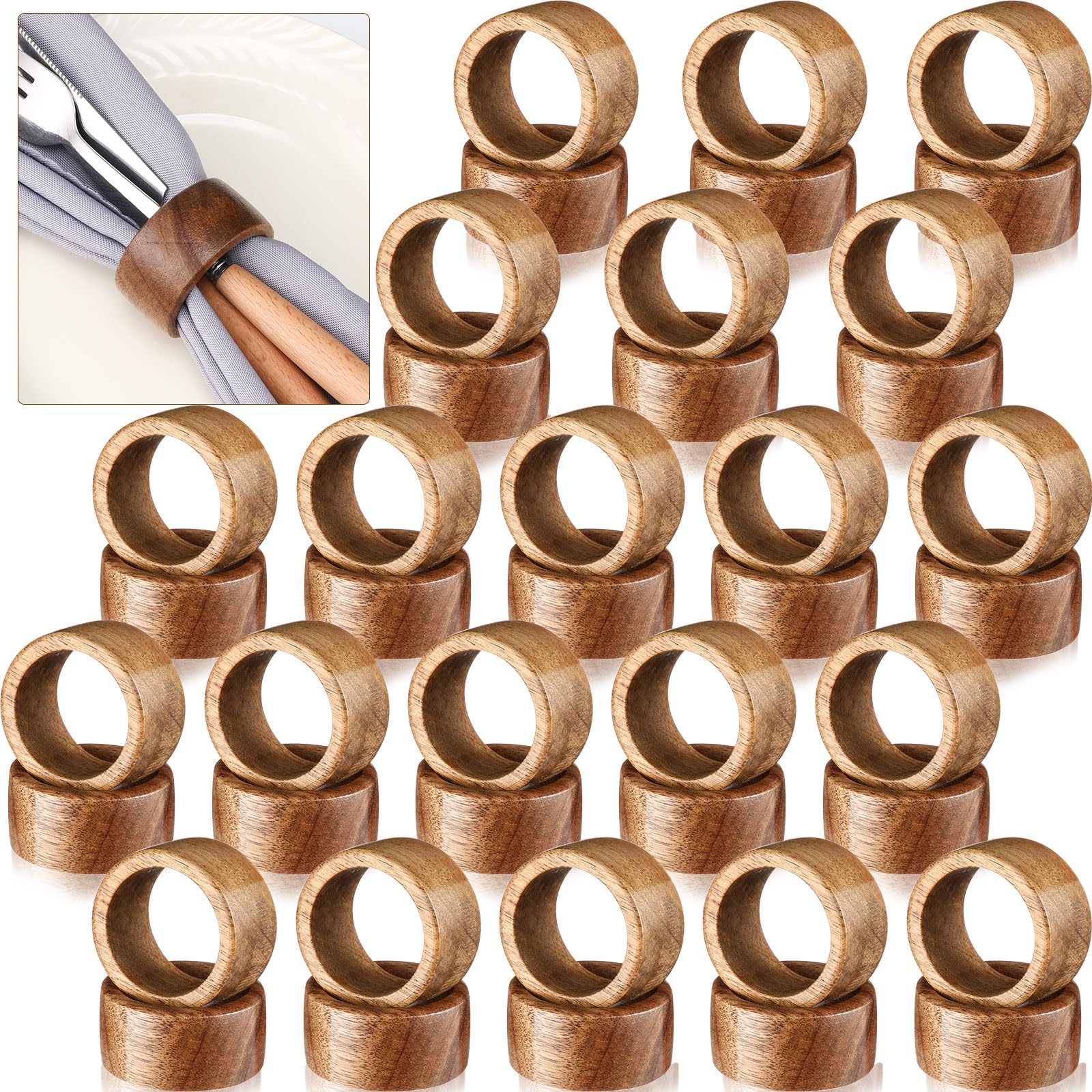 Photo 1 of Zhehao 50 Pcs Wood Napkin Rings Bulk Acacia Handmade Dining Table Napkin Holder Buckles Farmhouse Serviette Ring for Holiday Dinner Anniversary Harvest Wedding Table Setting(Round,Brown)