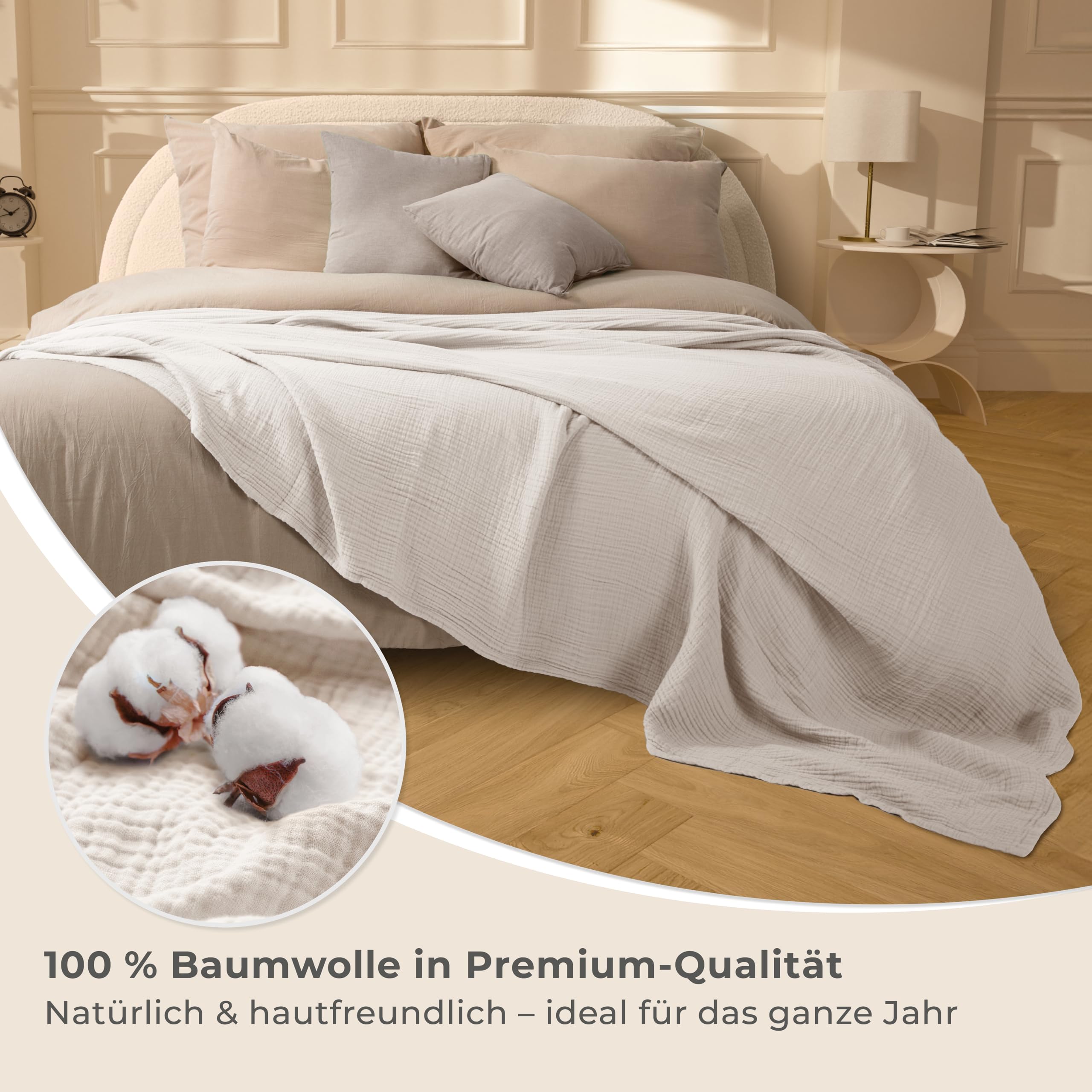 LAYNENBURG Narzuta muślinowa klasy premium, 220 x 240 cm, XXL, 100% bawełna, bardzo miękki koc bawełniany jako przytulny koc, narzuta na łóżko, narzuta na sofę, na kanapę, ciepły koc na sofę (kremowy)