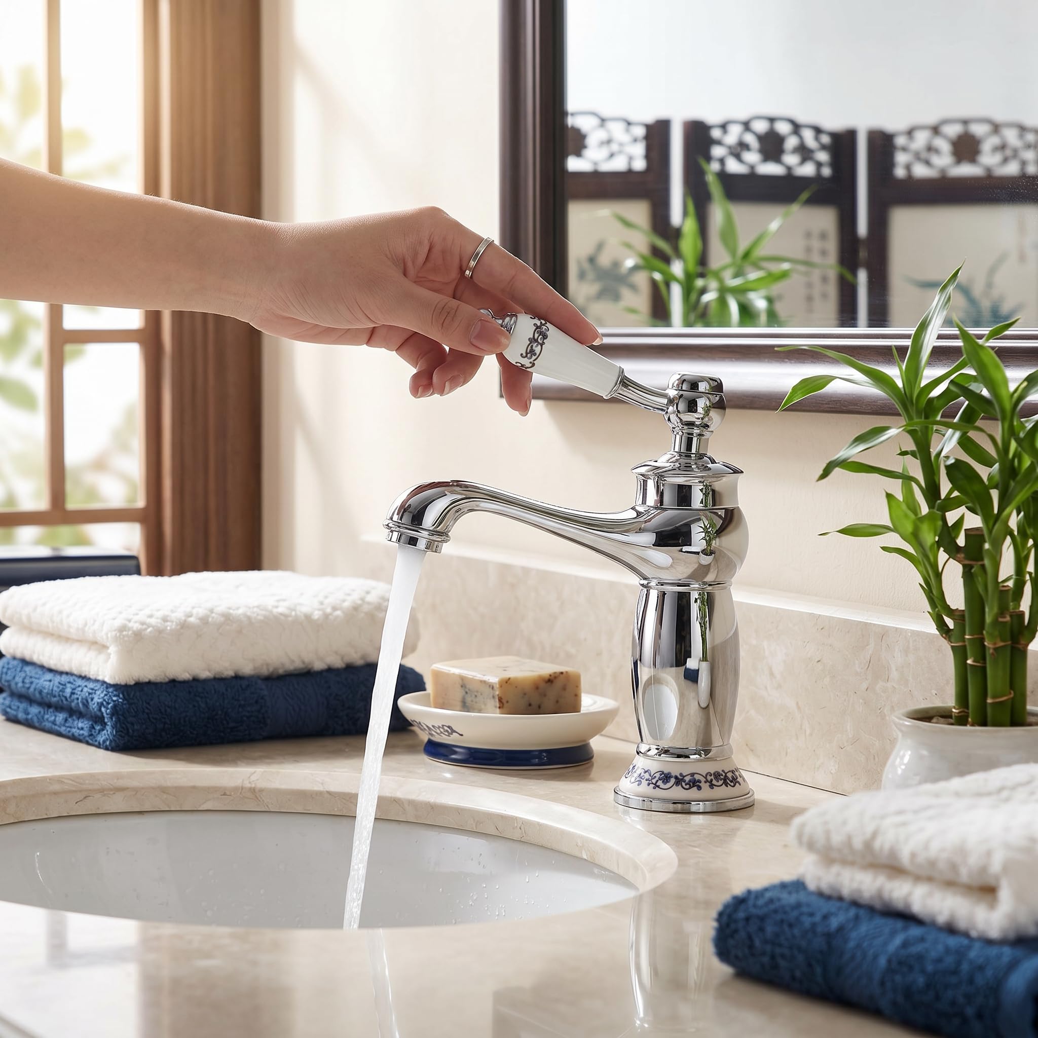 Garosa Grifo Mezclador Vintage con Flor, Grifo de una Manija en Bronce Cromado para Lavabo, Diseño Elegante y Duradero, Ideal para Agua Fría y Caliente