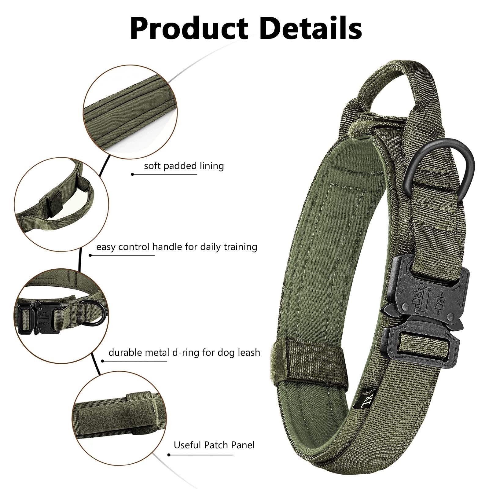 Tactical Dog Collar and Leash Set Heavy Duty Military Dog Collar with Handle and Metal Buckle for Medium and Large Dogs (Army Green, L)