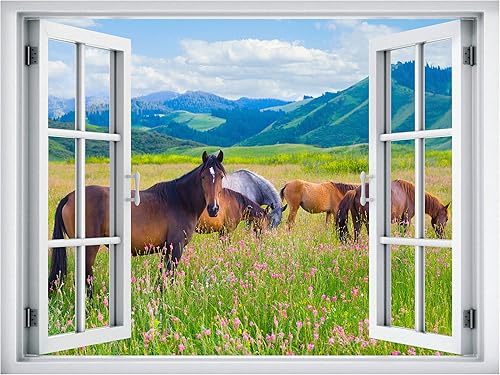 Miniatura 2 de wall26 Adhesivo removible de pared/mural de pared, vista de ventana, rústico, campo, semental, caballos, animales, naturaleza, fotografía, realismo,