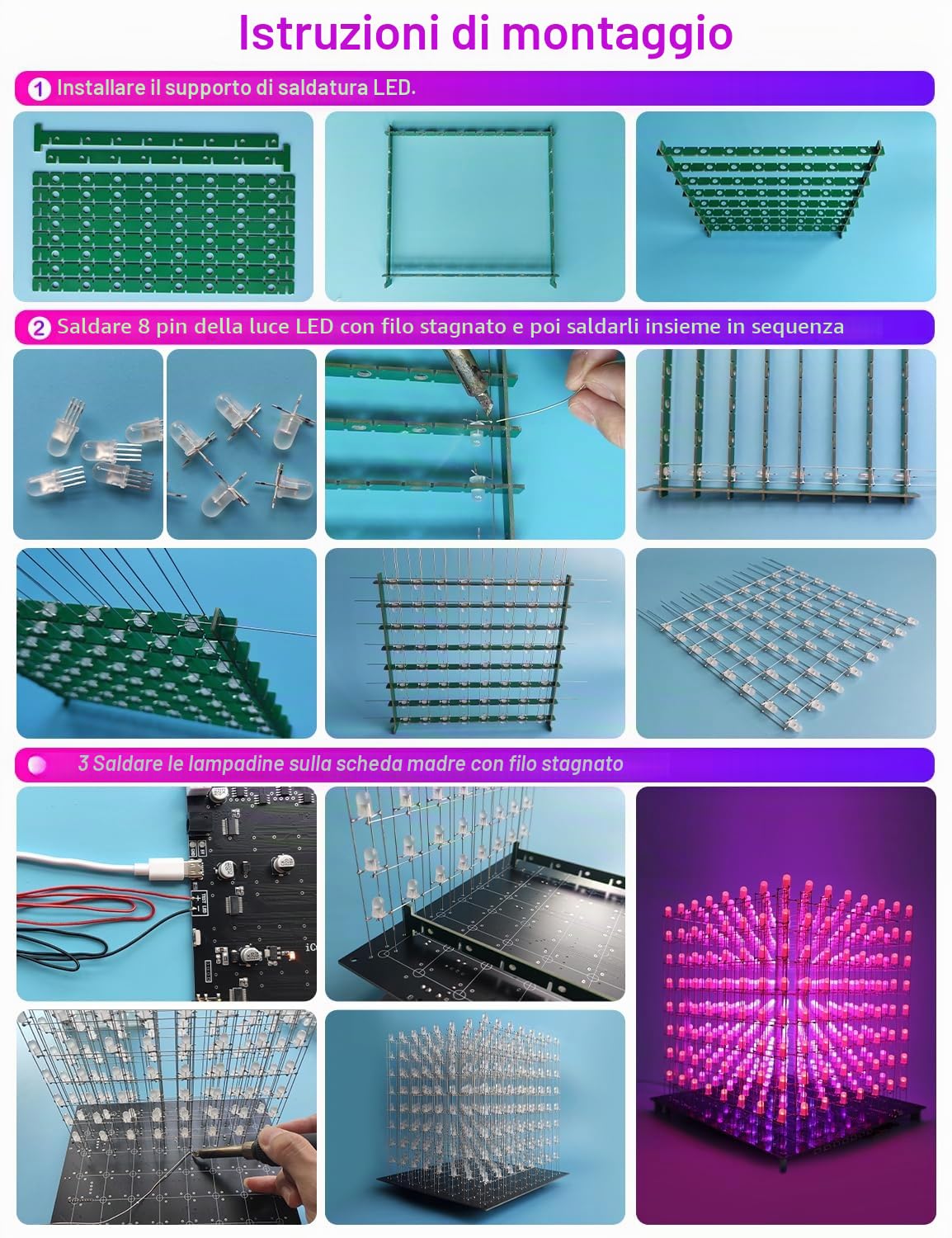 Set di LED 3D8RGB-Kit, Kit Elettronico Fai da te 8 x 8 a Forma di Cubo per Progetti di Saldatura