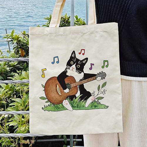 Miniatura 3 de Dlzdn Bolsa de lona con diseño de gato con música para mujeres, estética, divertida, bonita, esmoquin, gato, jugando a la guitarra, bolsa de