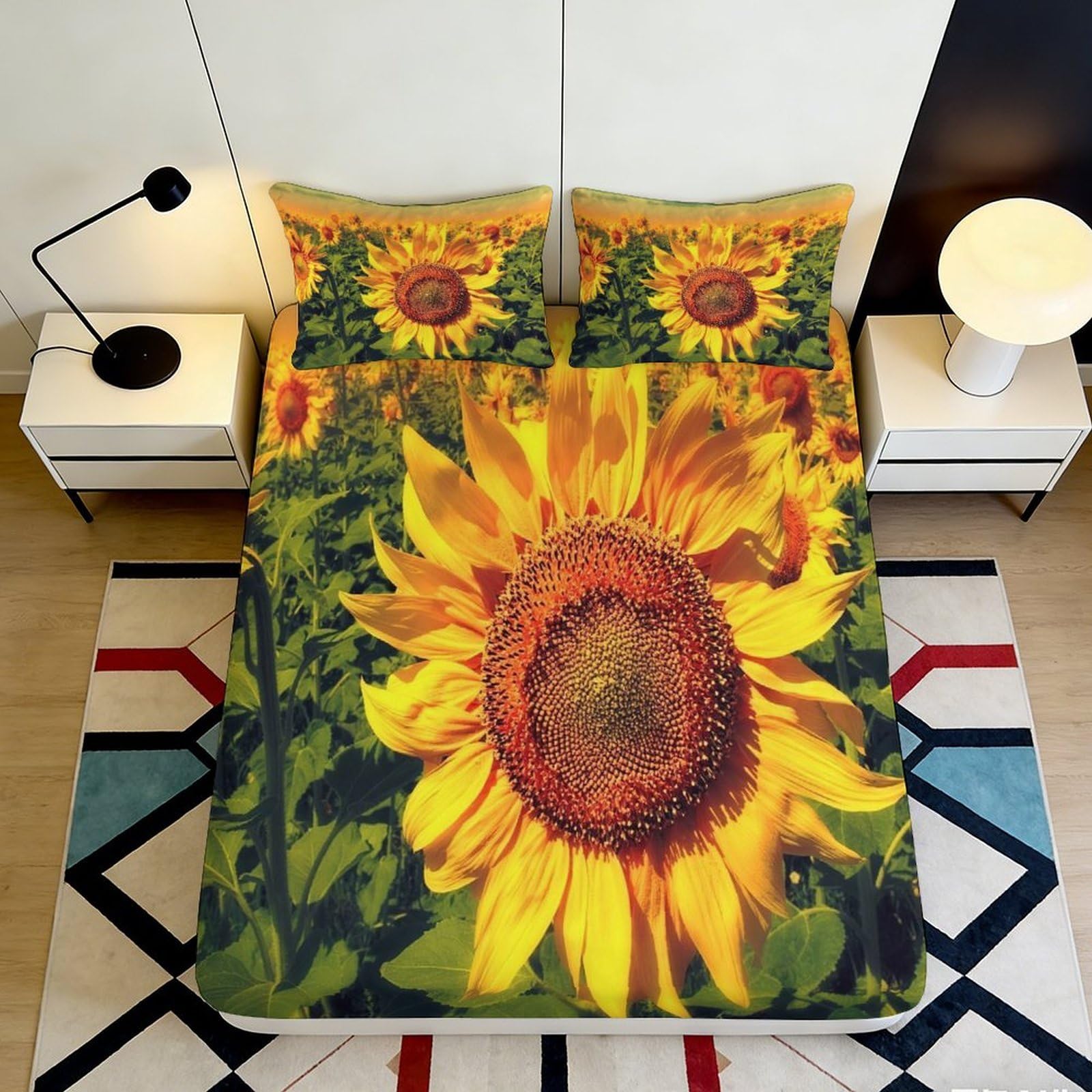 3D Printed Sunflower Fitted Sheet Microfiber Soft Breathable Floral Mattress Cover for Bedroom Guest Room Decor 200x200x25cm