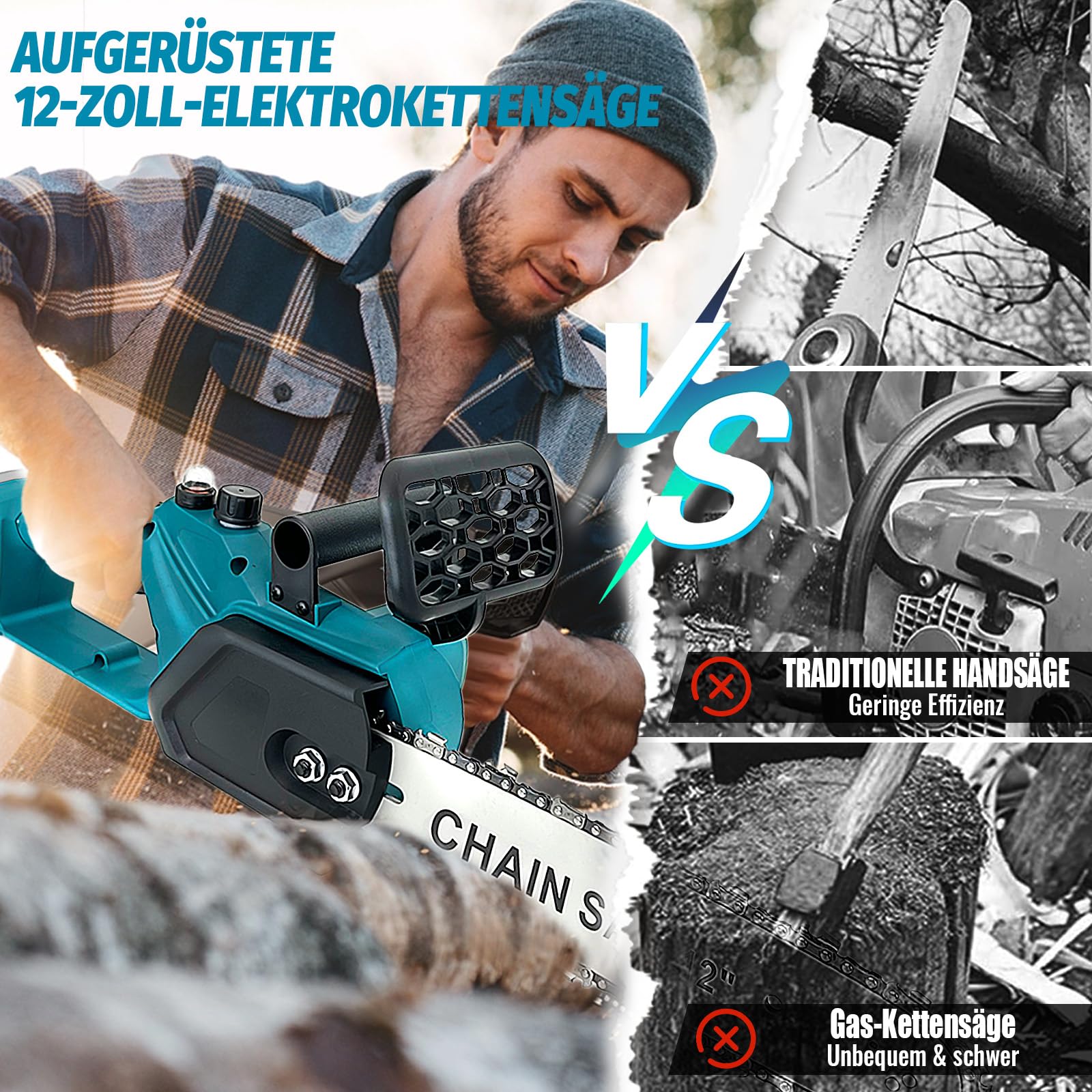 Sierra de cadena con batería de 12 pulgadas con 2 baterías de 5500 mAh, sierra eléctrica de 30 cm para Makita, sierra de mano eléctrica para cortar madera, podar árboles y podar árboles