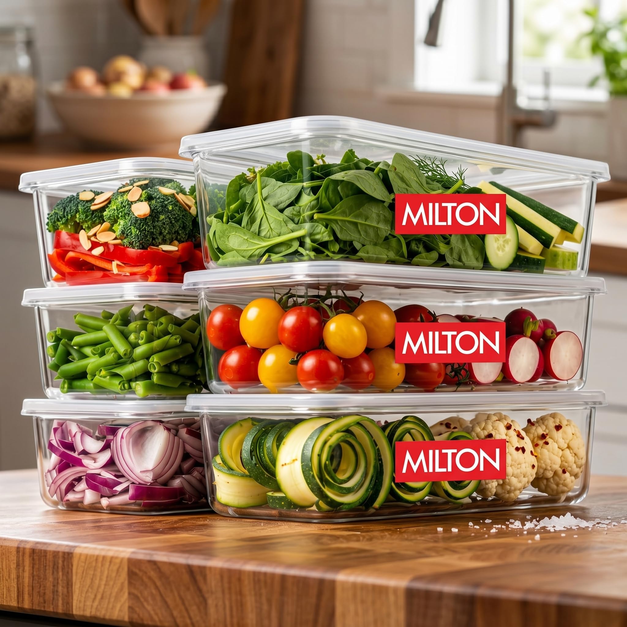 Milton Cryo - Juego de 6 cajas de almacenamiento para nevera, organizador de nevera con calcomanías de vinilo impermeables y placa de drenaje extraíble, tapa, caja apilable, recipientes de plástico de