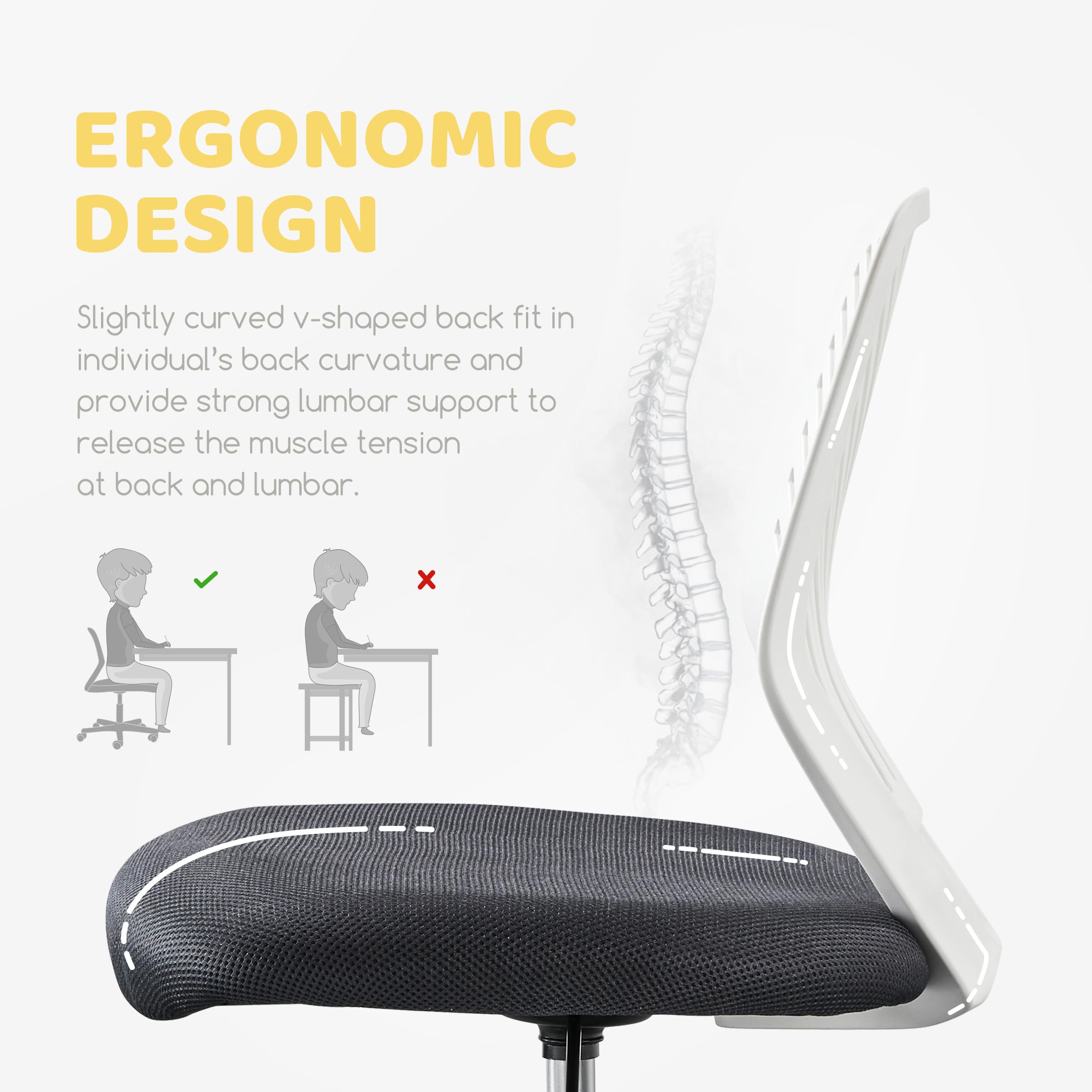 Yaheetech Sedia Ufficio Scrivania Senza Braccioli Girevole a Rotelle Ergonomica Portata 136 kg in Rete Traspirante Altezza Regolabile Grigio Scuro