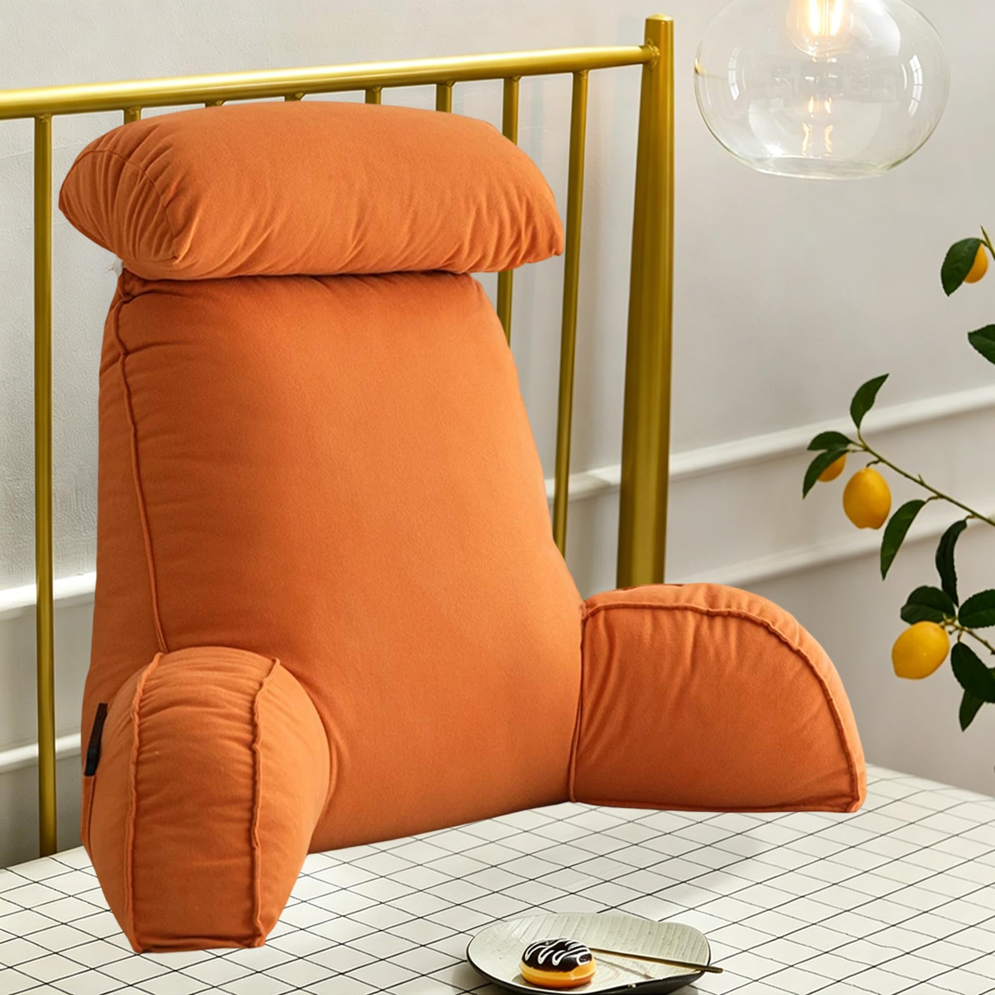 Hruile Orange Reading Pillow For Sitting In Bed Adult, Bed Backrest Pillow With Detachable Headrest, Large Cuddle Cushion With Arms, Back Support Cushion For Sofa Couch Chair (75×40×55Cm,)
