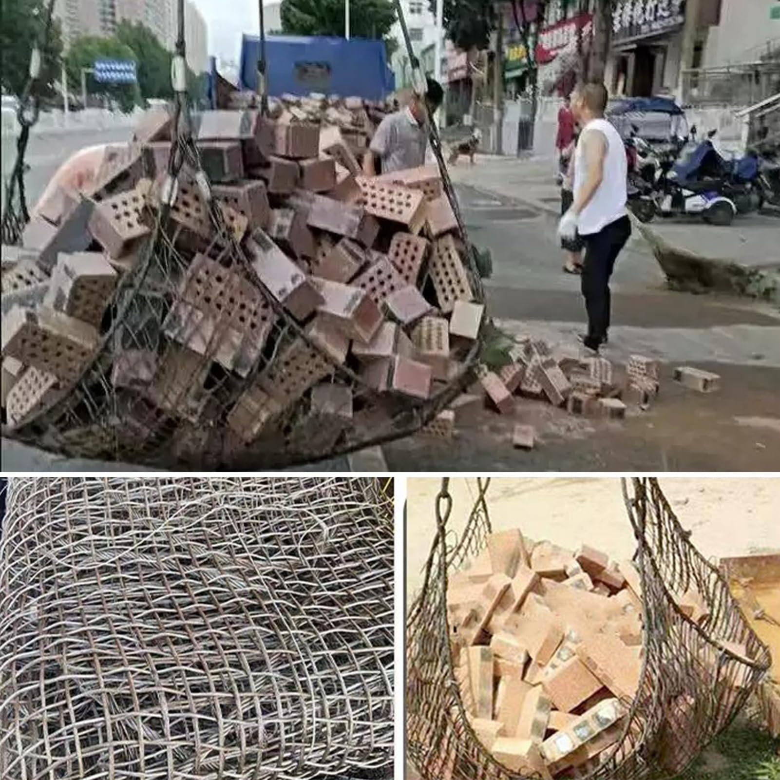 Wytrzymała siatka do podnoszenia lin stalowych ze wzmocnionymi pierścieniami, antypoślizgowa i o dużej nośności, do zastosowań budowlanych i przemysłowych (2,5 x 2,5 m) – obciążenie 1200 kg