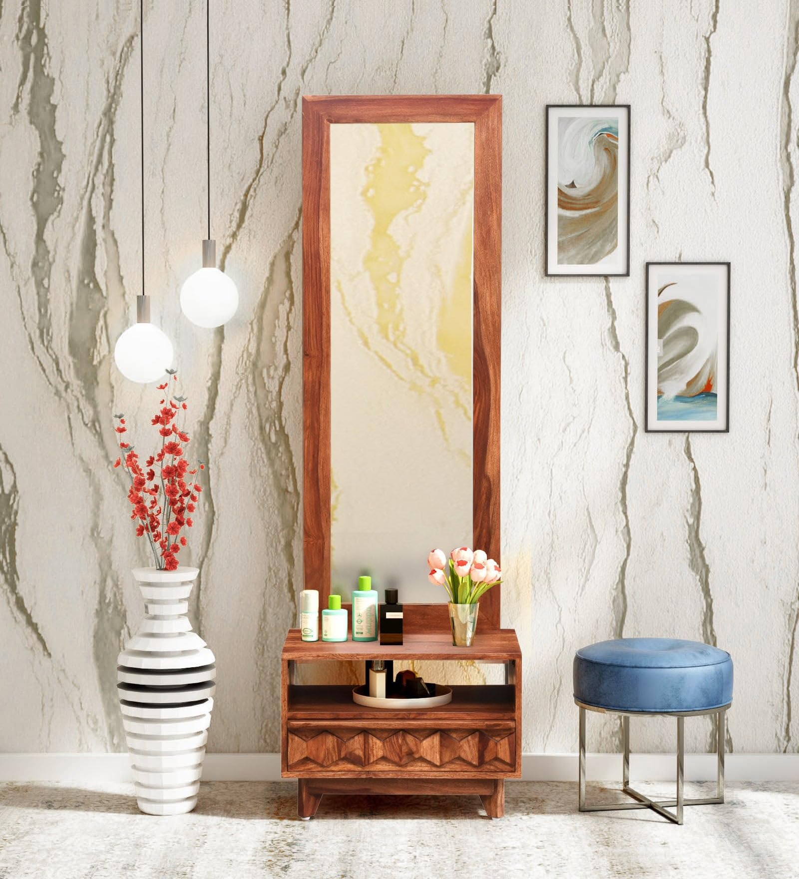 Wood Dressing Table with Mirror and Storage, Dressing Table Bedroom Furniture, Dressing with Drawer, Makeup Vanity Dressing Table,Wooden Dressing Table,Decorative Dresser,Teak Finish-image-43