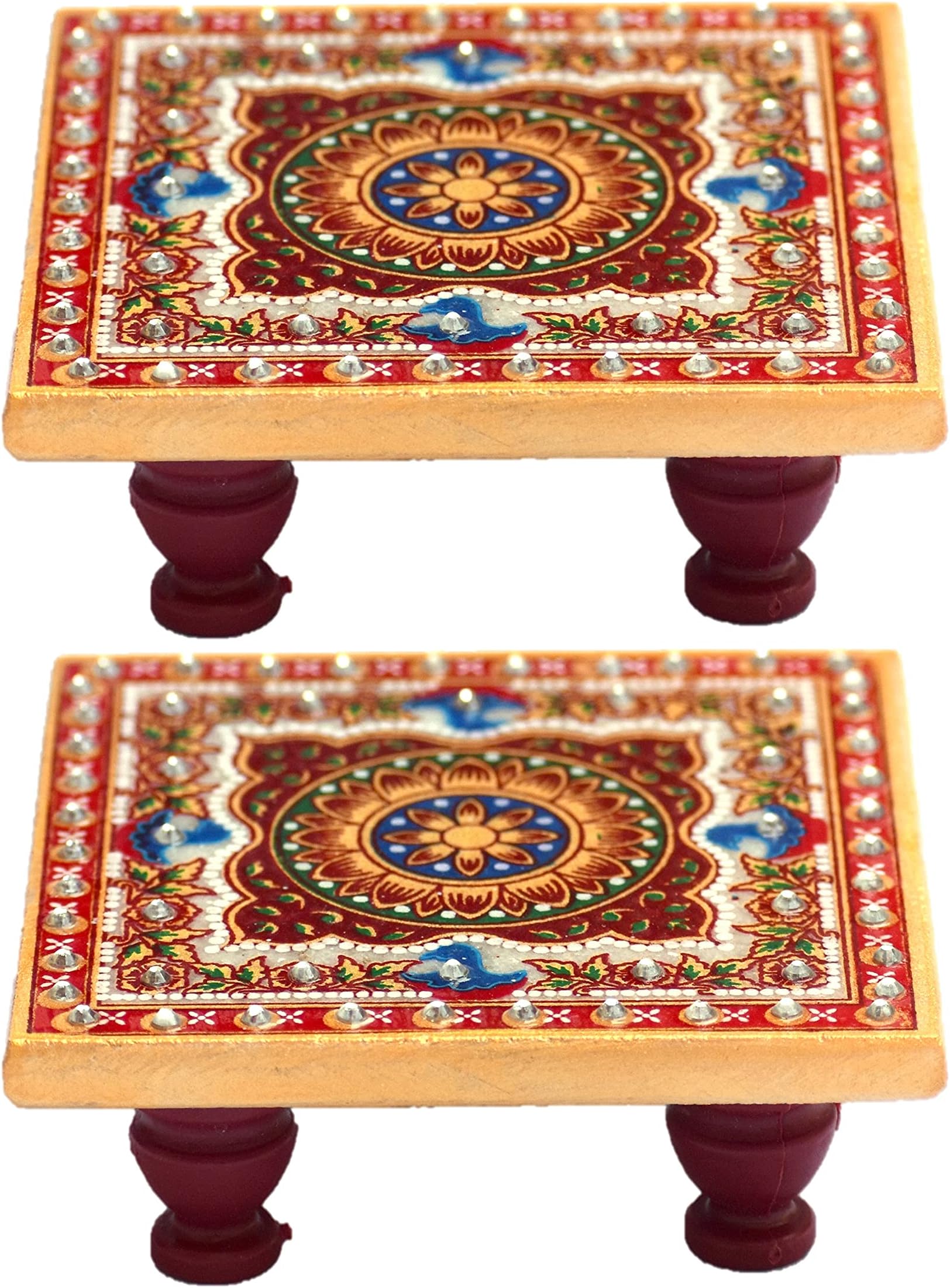 Mander ( Size: 4" x 4" Inch Small Designer Marble Chowki for Puja | Handcrafted Marble Pooja Chowki for God Mandir, Idols Sitting, Pratima Murti and Temple Decoration (Pack of 2)