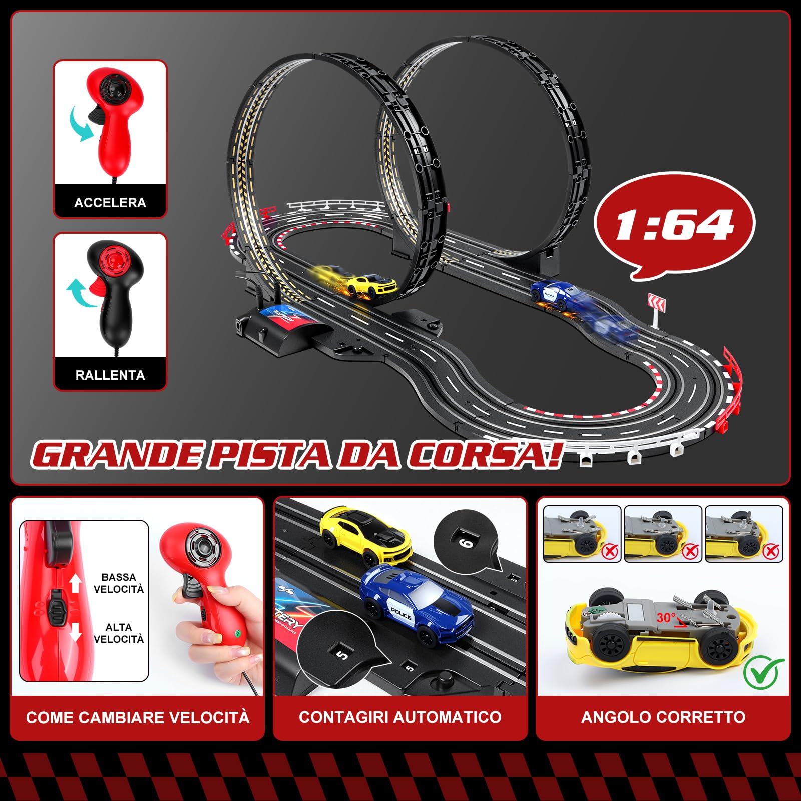 YOOHBERRYS Pista Macchine Telecomandate, 1:64 Piste Elettriche Piste Auto Con 2 Macchine, USB, Comandi, Contatore, Passaggio A 360°, Giocattoli Regali Piste da Corsa Bambini 3 4 5 6 7 8 Anni (308CM)