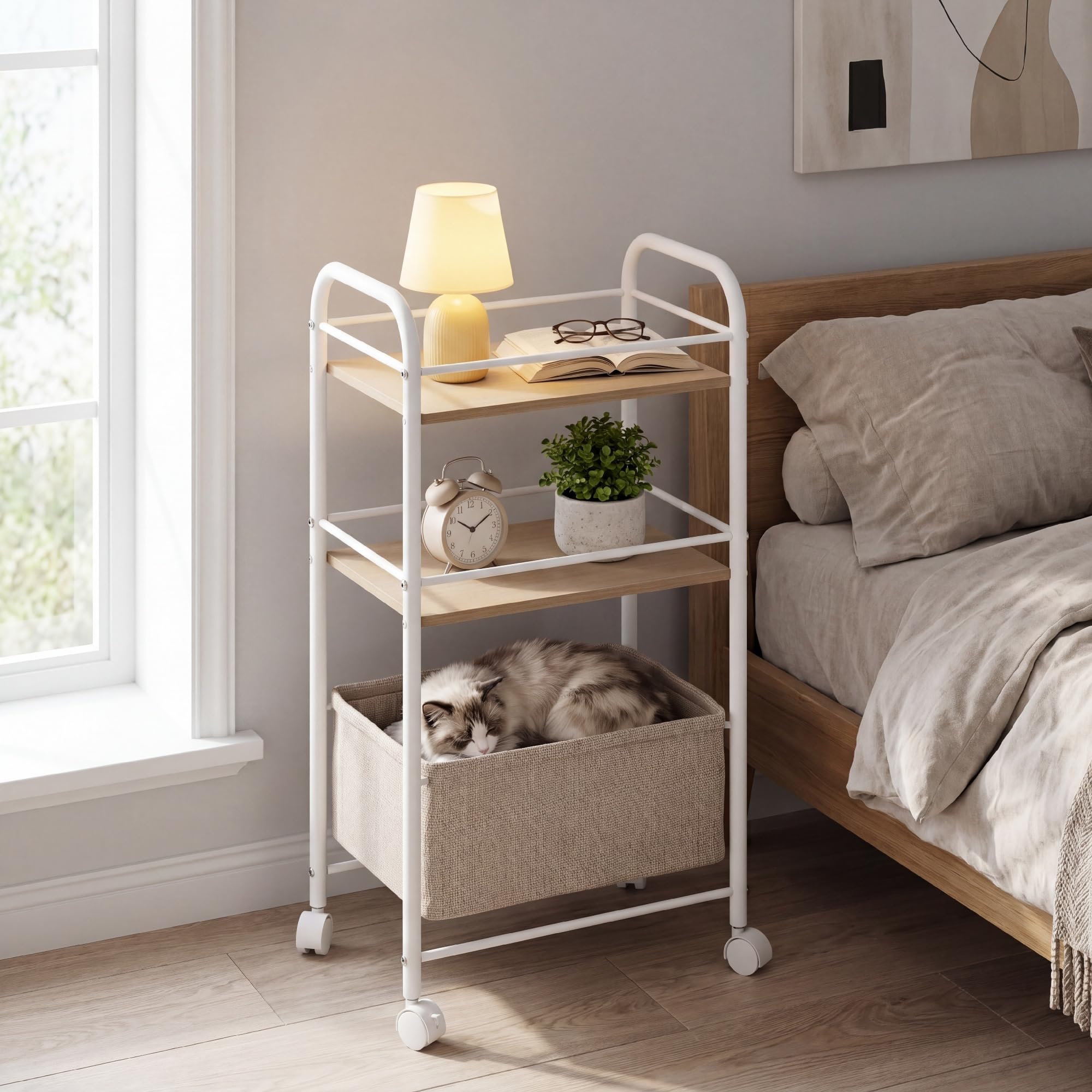 YITAHOME bedside table with wheels, Trolley coffee table with Fabric Basket, Storage for Sofa Bedroom Living Room Office, Modern Style, White
