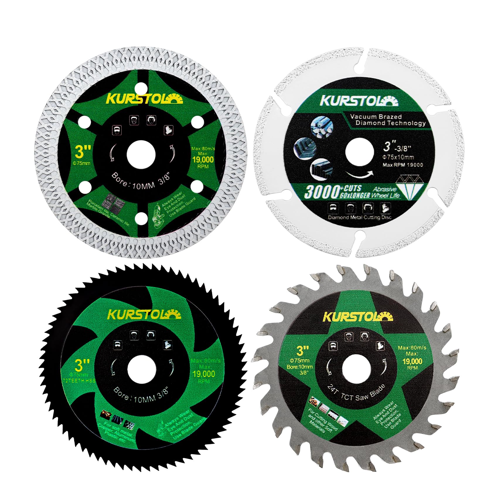 KURSTOL Diamond Saw Blade Set - 4pcs 75mm Cutting Disc for Tile Metal Wood Steel with 10mm Bore for Mini Angle Grinder