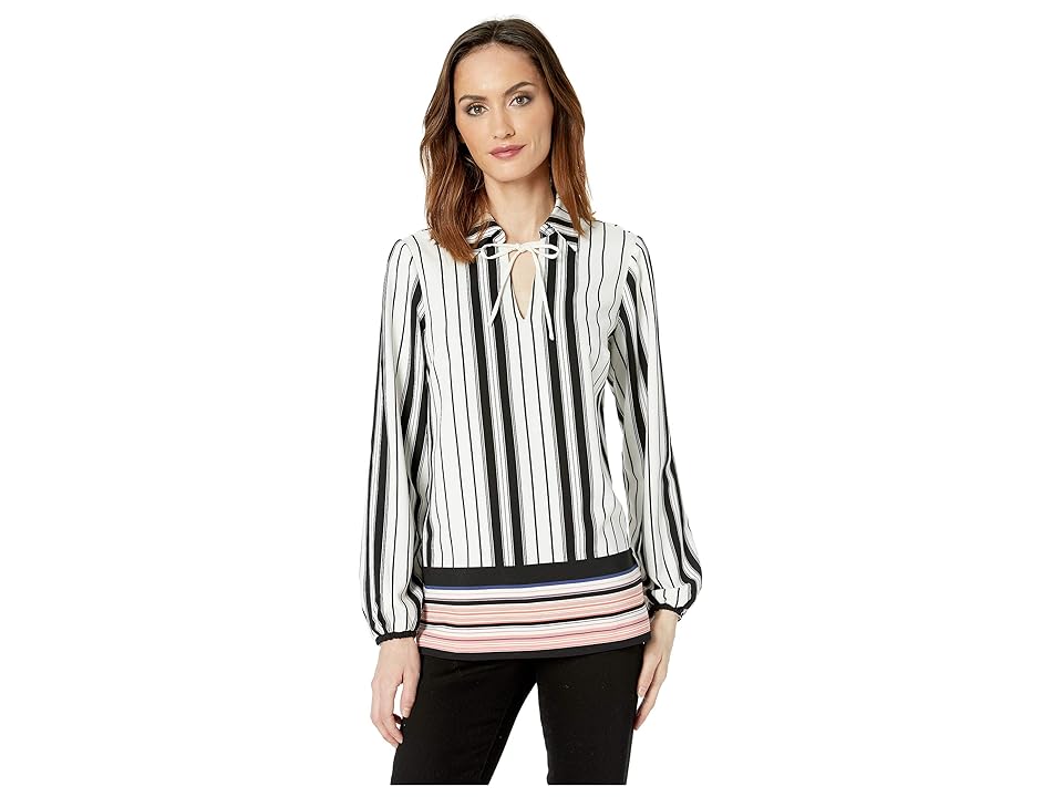 

eci Striped Color Block Blouse with Collar (Black/Blush) Women's Clothing