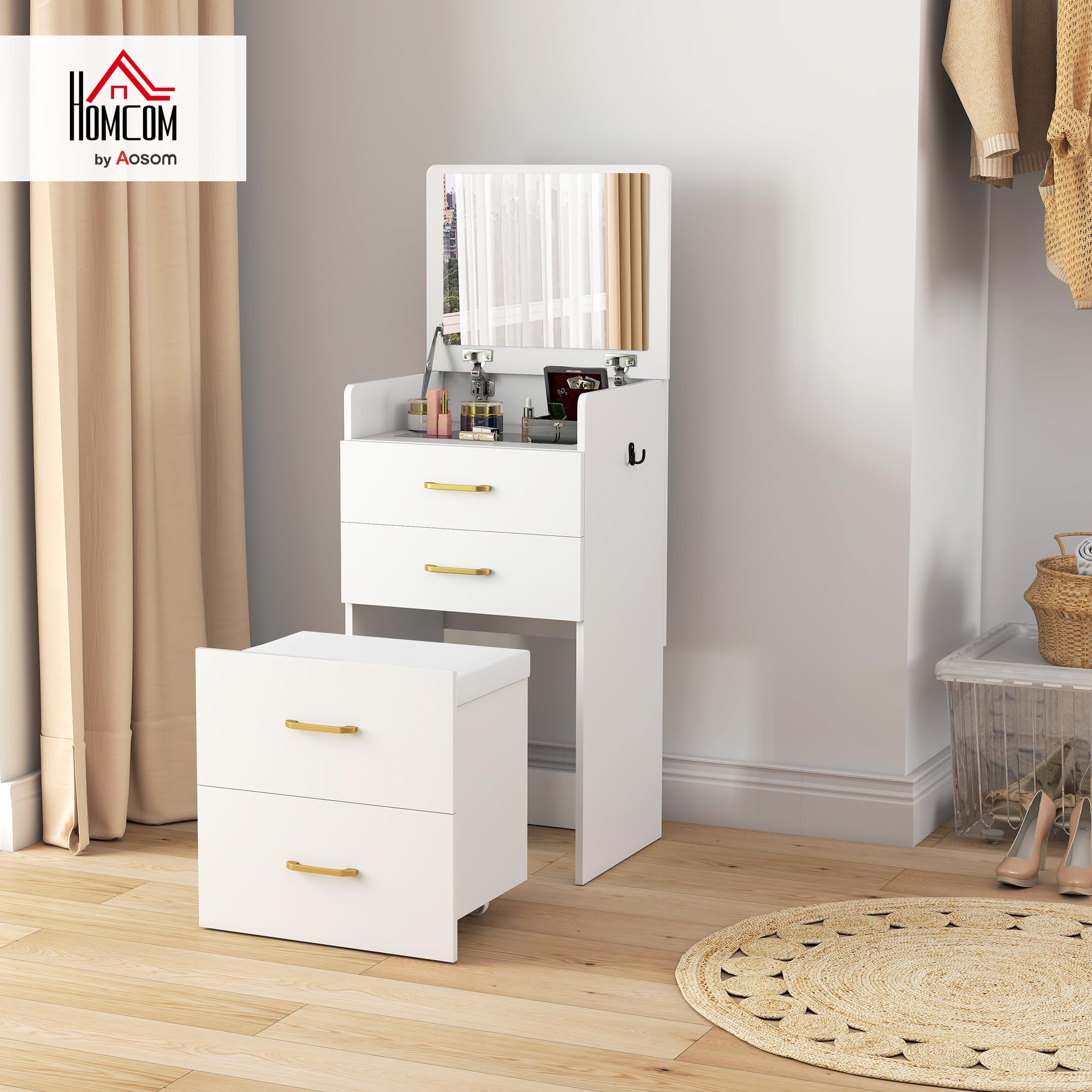 HOMCOM 3 in 1 Schminktisch mit Rollhocker Kosmetiktisch Klappspiegel Weiß