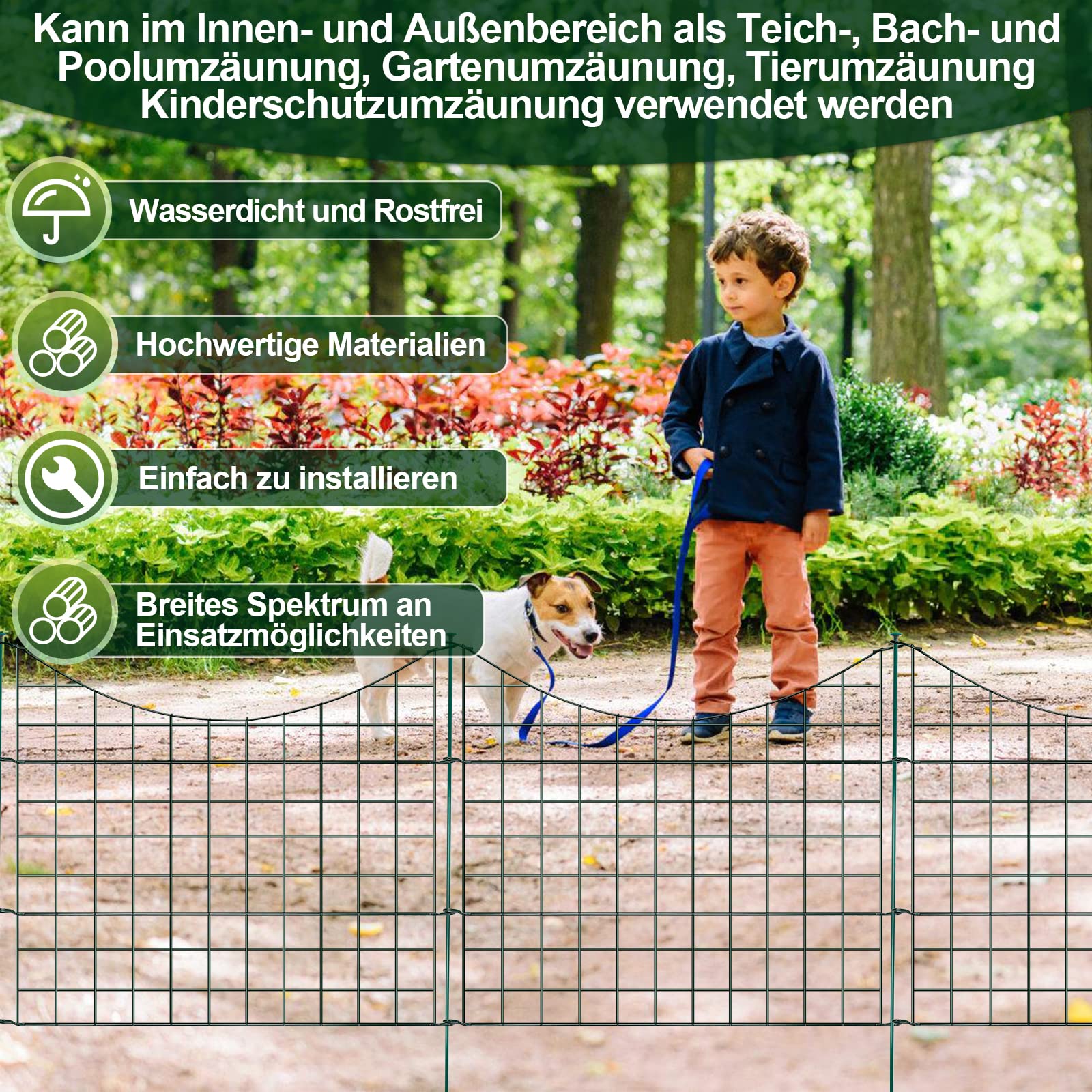 Herrselsam Set di 5 recinzioni da giardino in metallo con 11 elementi di recinzione, 5 elementi di recinzione e 6 barre di fissaggio, recinzione in metallo, lunghezza 3,75 m (arco inferiore, verde)
