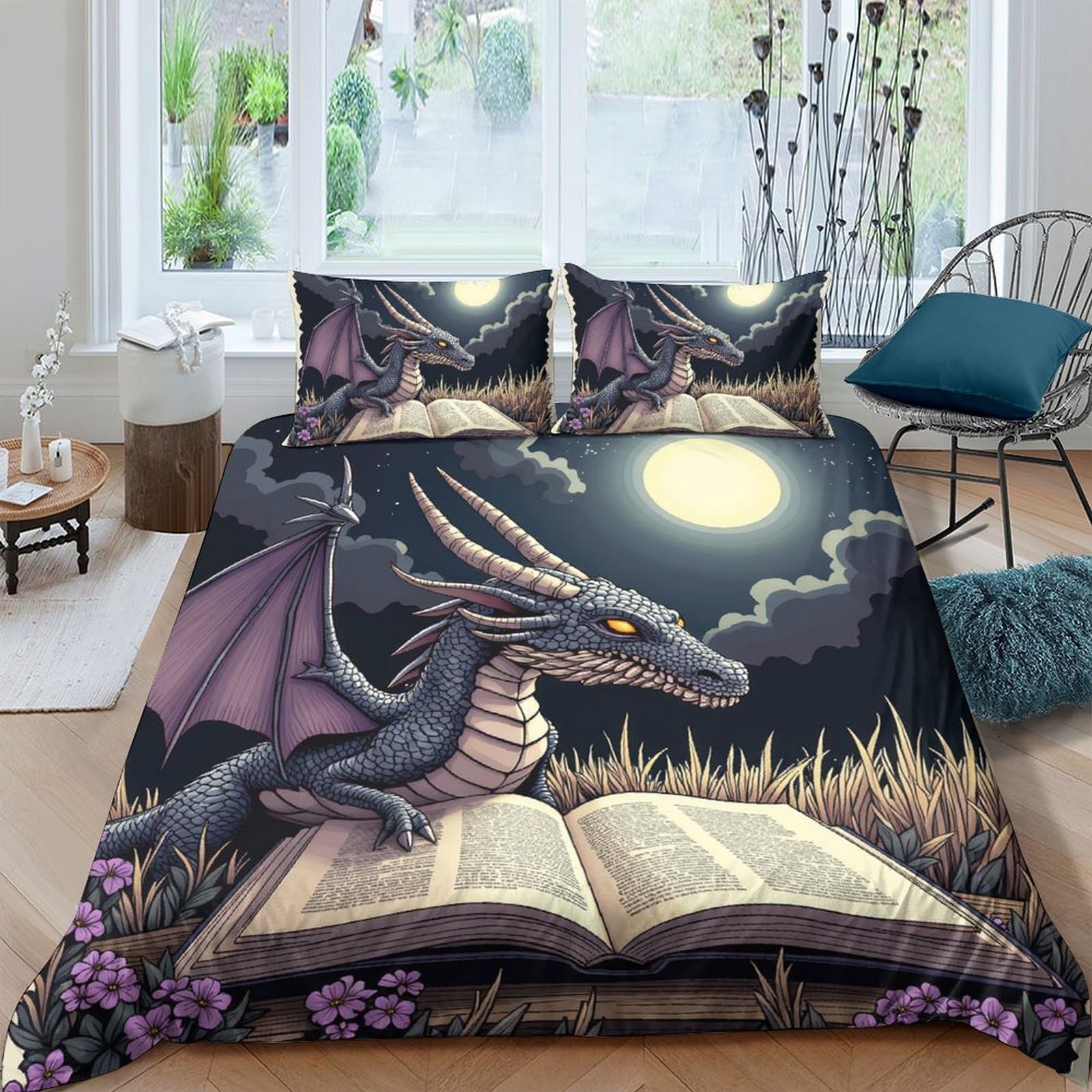 Ctjqhvkz Style-9 3D Printed Night Dragon Fitted Sheet Microfiber Soft Breathable Moonlight Book Bed Cover For Bedroom Dorm Decor Single（135X200cm）