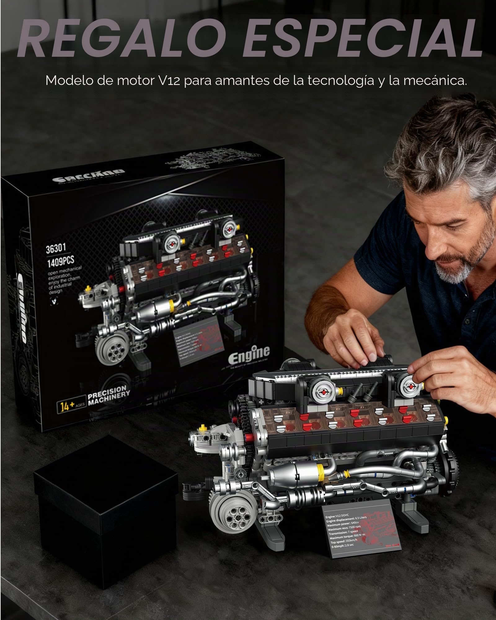 Set de Construcción de Motor V12 Power Functions para Adultos y Jóvenes 14+, 1409 Piezas Modelo de Ingeniería Mecánica Motorizado Que Funciona, Motor Moc con Caja de Batería y Motor