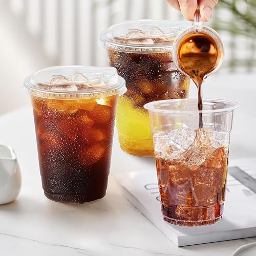 Miniatura 5 de Paquete de 50 vasos de plástico transparente de 12 onzas con tapas, tazas de café helado resistentes con tapas para sorbos, vasos desechables
